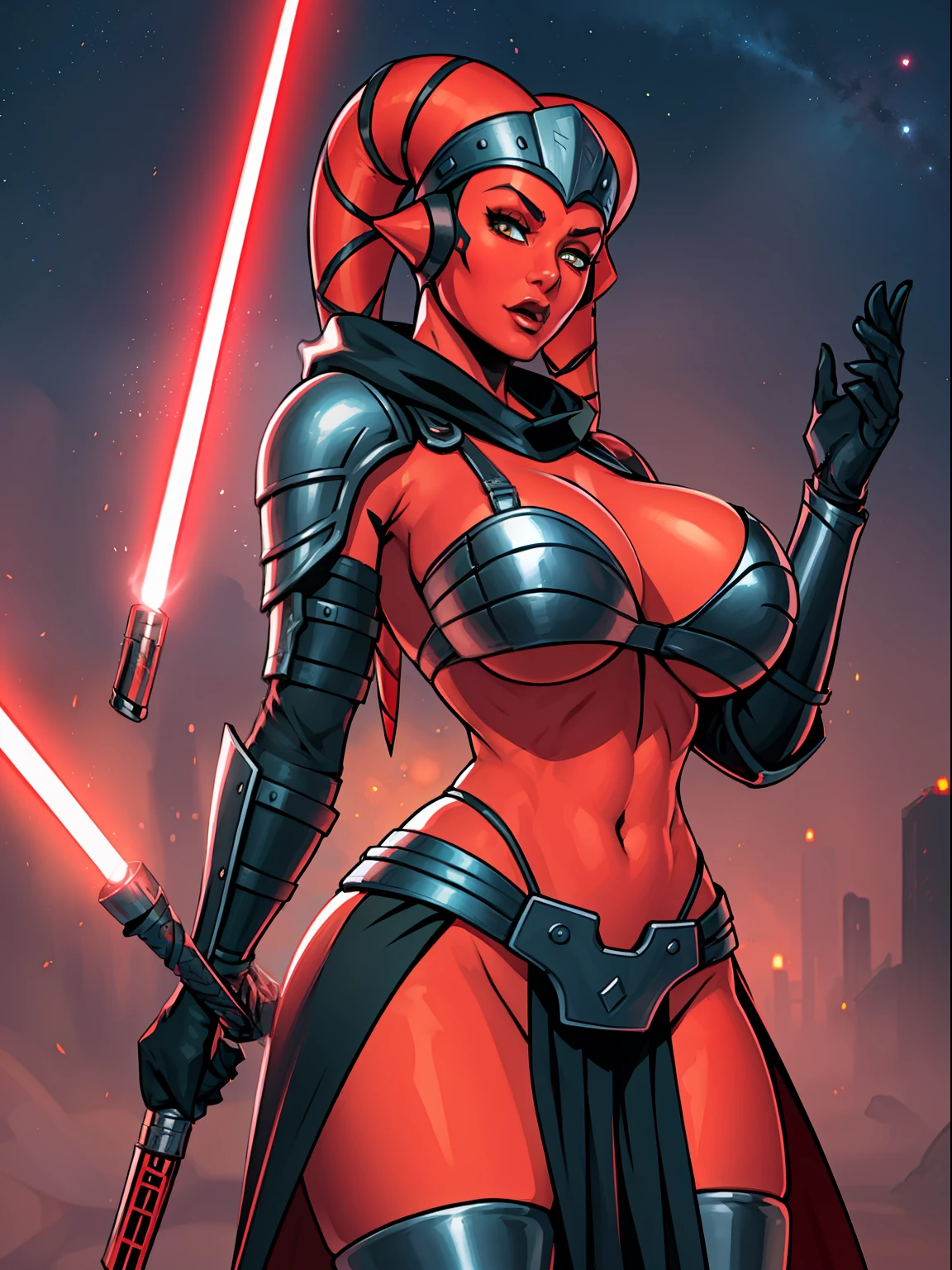 busty, ((red skin), twi'lek), dual red lightsabers, evil space knight, space ninja, (black robes, black stealth armor, breastplate, tunic, tabard, cowl, cloak, body glove, straps, buckles, skirts, long sleeves, fantasy, ((armor))), ((busty), slender body, thin, slim sexy body, slim waist, ((gigantic breasts))), Imperial starship, Star Wars,