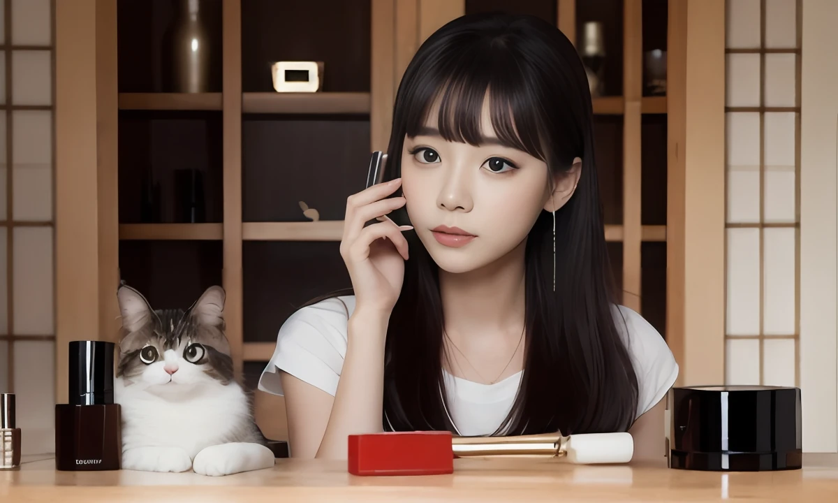 1woman, Japanese, beautiful:1.5, standing:1.3, grabbing a cosmetic BREAK (American living room), (many cosmetics on the table), (1cat on the table)