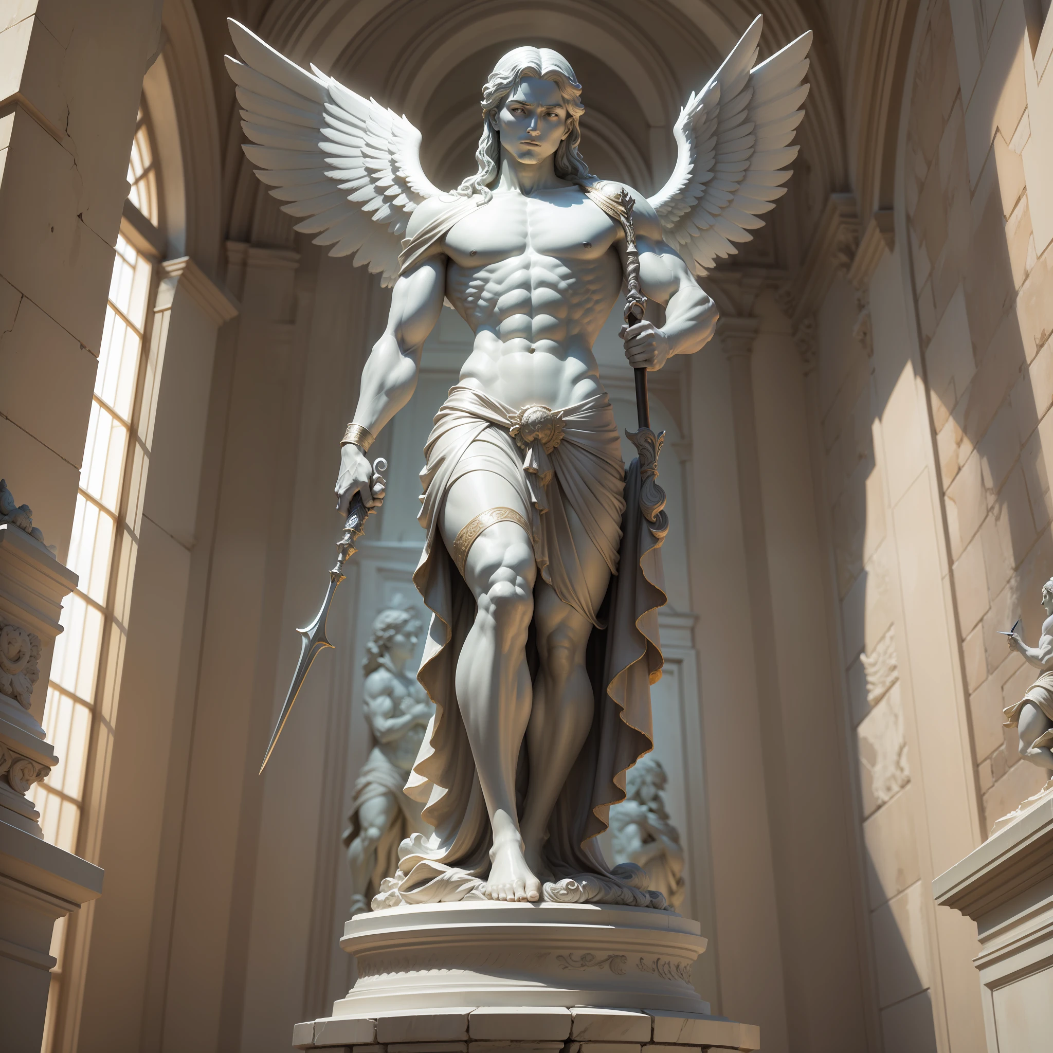 Archangel Male Impreus Holding a spear in both hands, the statue is thorned, the whole body is glazed in the wall window of the whole body, solemn and majestic, and domineering