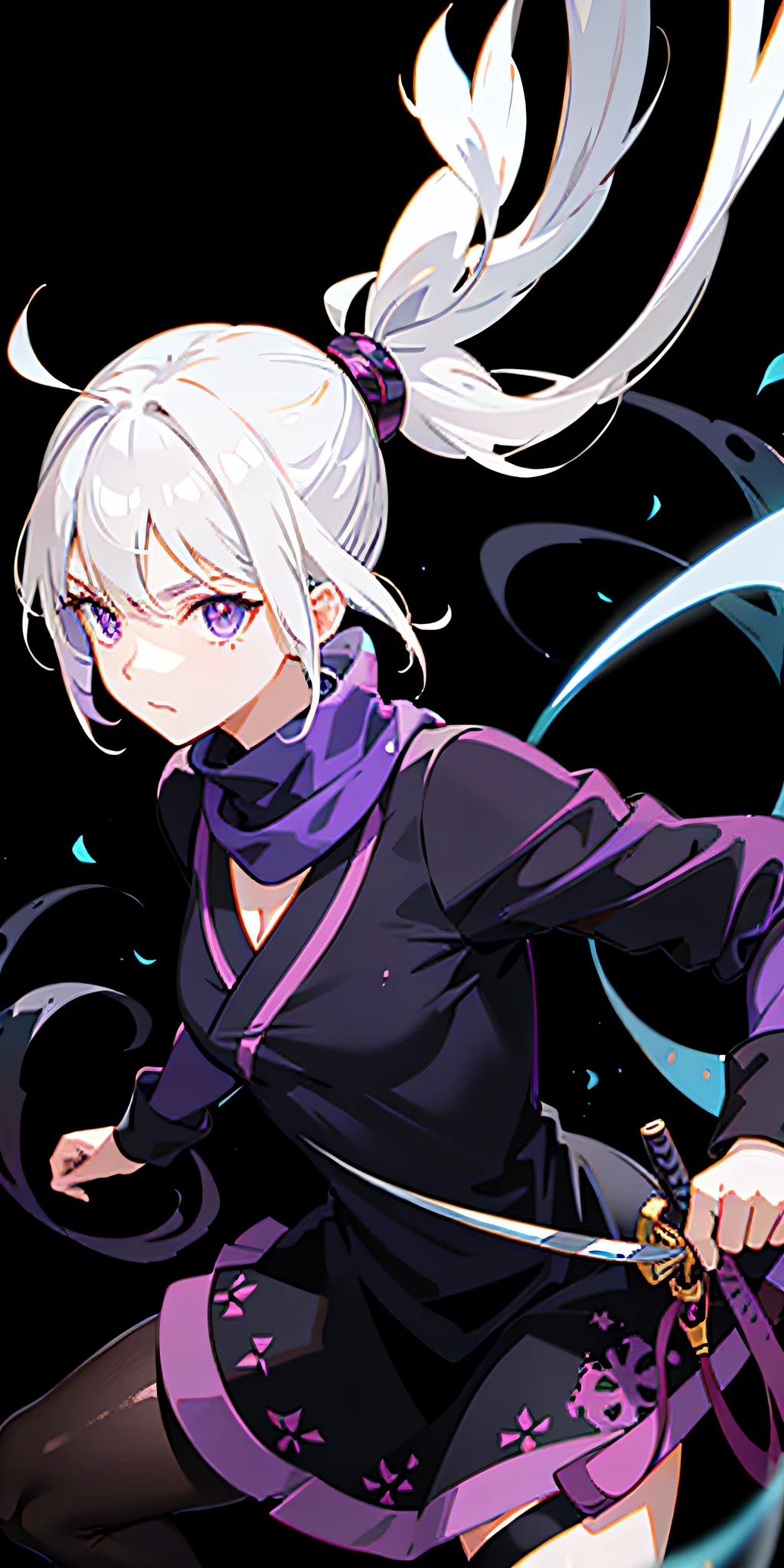 upper body, 1girl, white hair, ponytail, purple eyes, (ninja), short sword, medium breats ,scarf, wallpaper, magic circle background, light particles, blue fire,