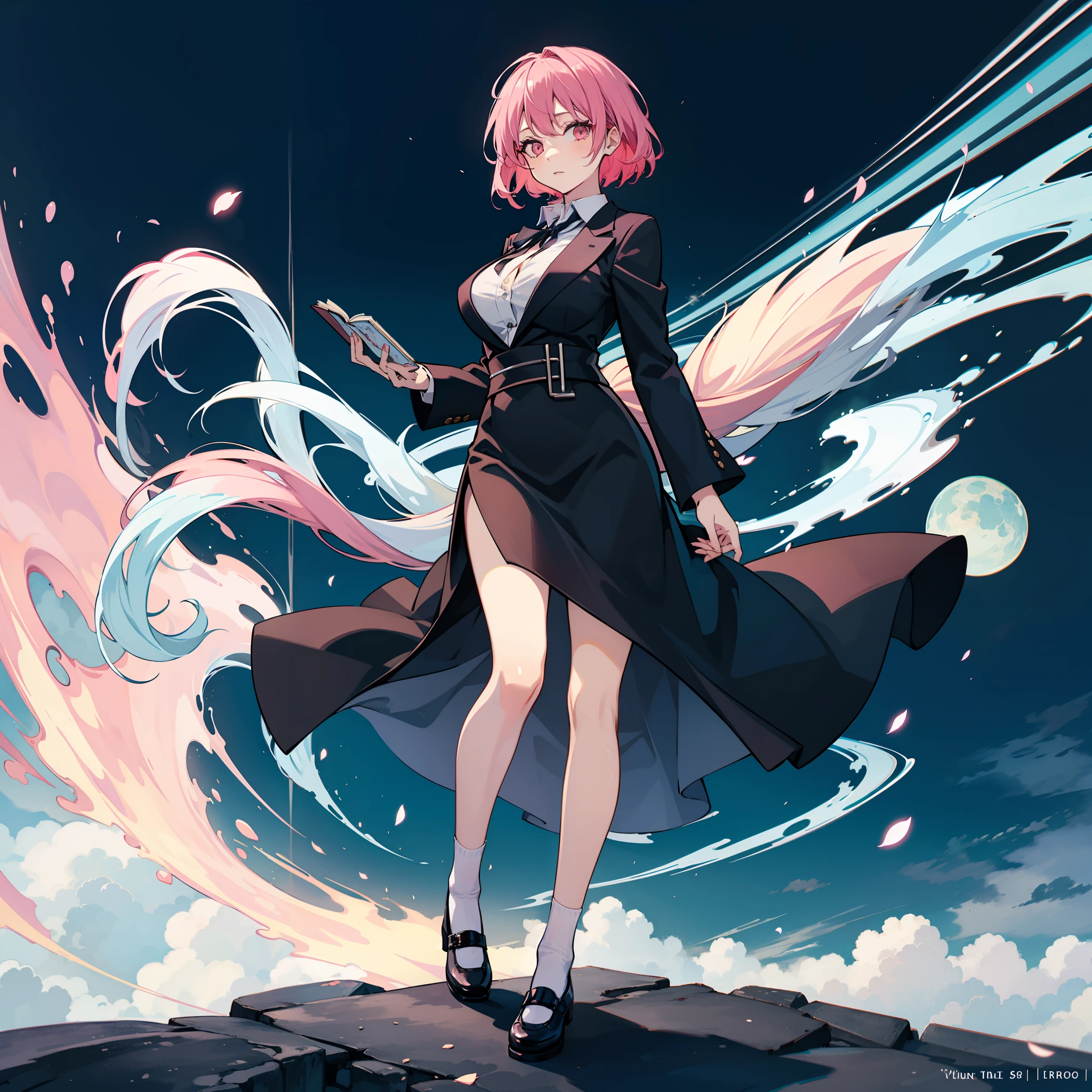 Depiction of an adult woman with long hair holding a textbook, one girl, solo, Yuyuko Saigyouji, suit, Gohei, black skirt, shoes, black blazer, white polo shirt, black tie, socks, Mary Janes, school Background, Alternate costume, Long sleeves, Rolled sleeves, Pink hair, Full body, Looking at viewer, Short hair, Big breasts