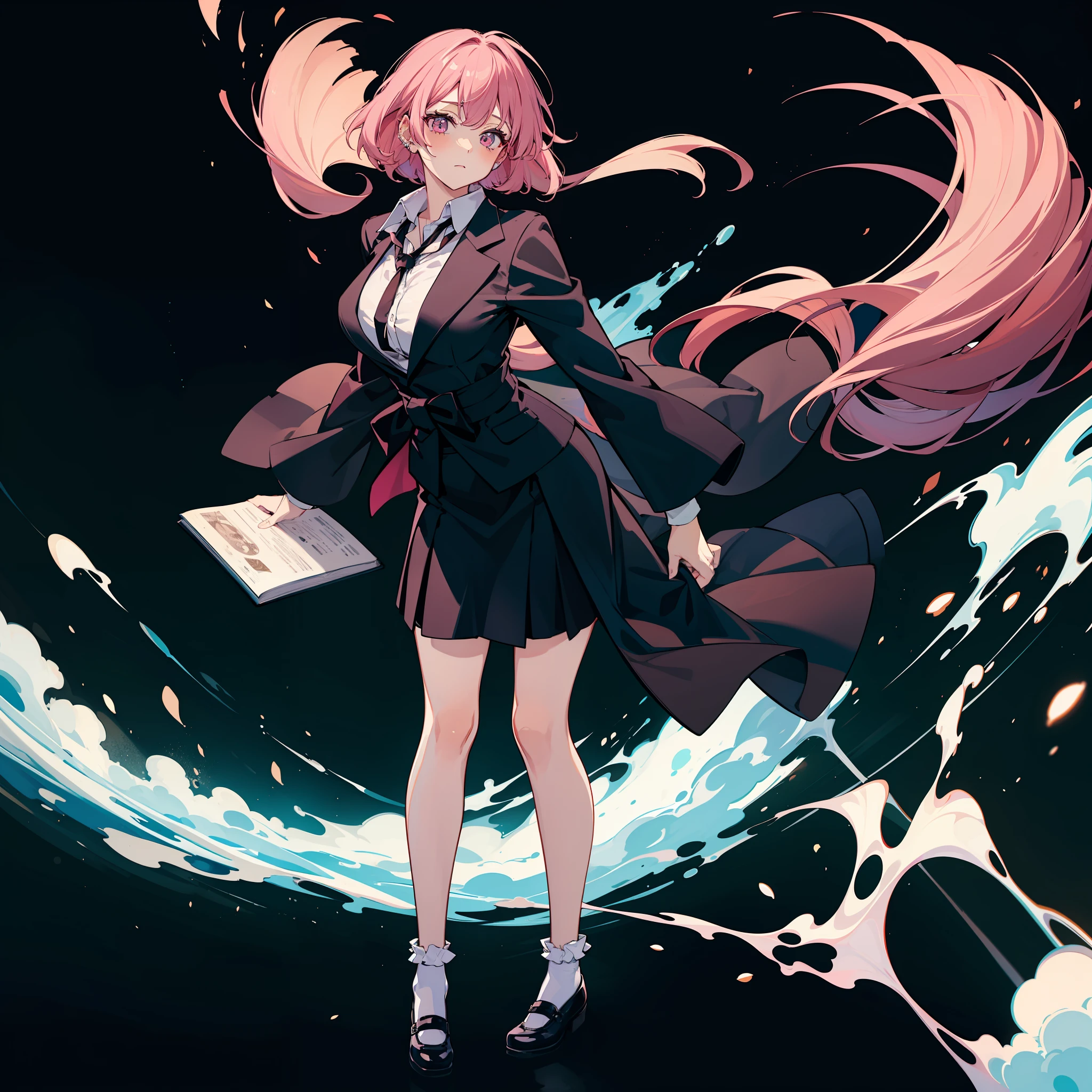 Depiction of an adult woman with long hair holding a textbook, one girl, solo, Yuyuko Saigyouji, suit, Gohei, black skirt, shoes, black blazer, white polo shirt, black tie, socks, Mary Janes, school Background, Alternate costume, Long sleeves, Rolled sleeves, Pink hair, Full body, Looking at viewer, Short hair, Big breasts