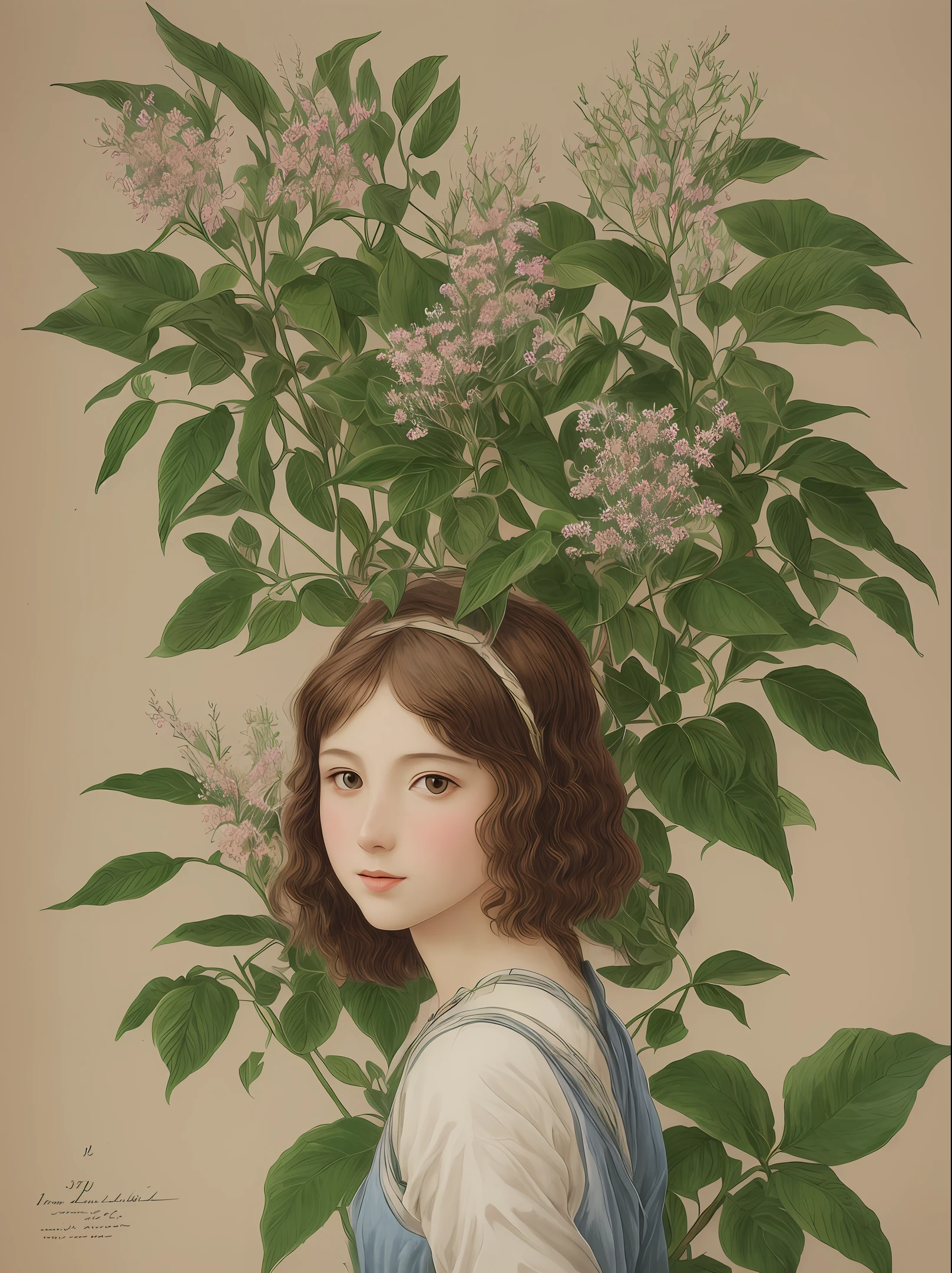 Girl, in botanical illustration, masterpiece, best quality, classic, extremely detailed, leaves
