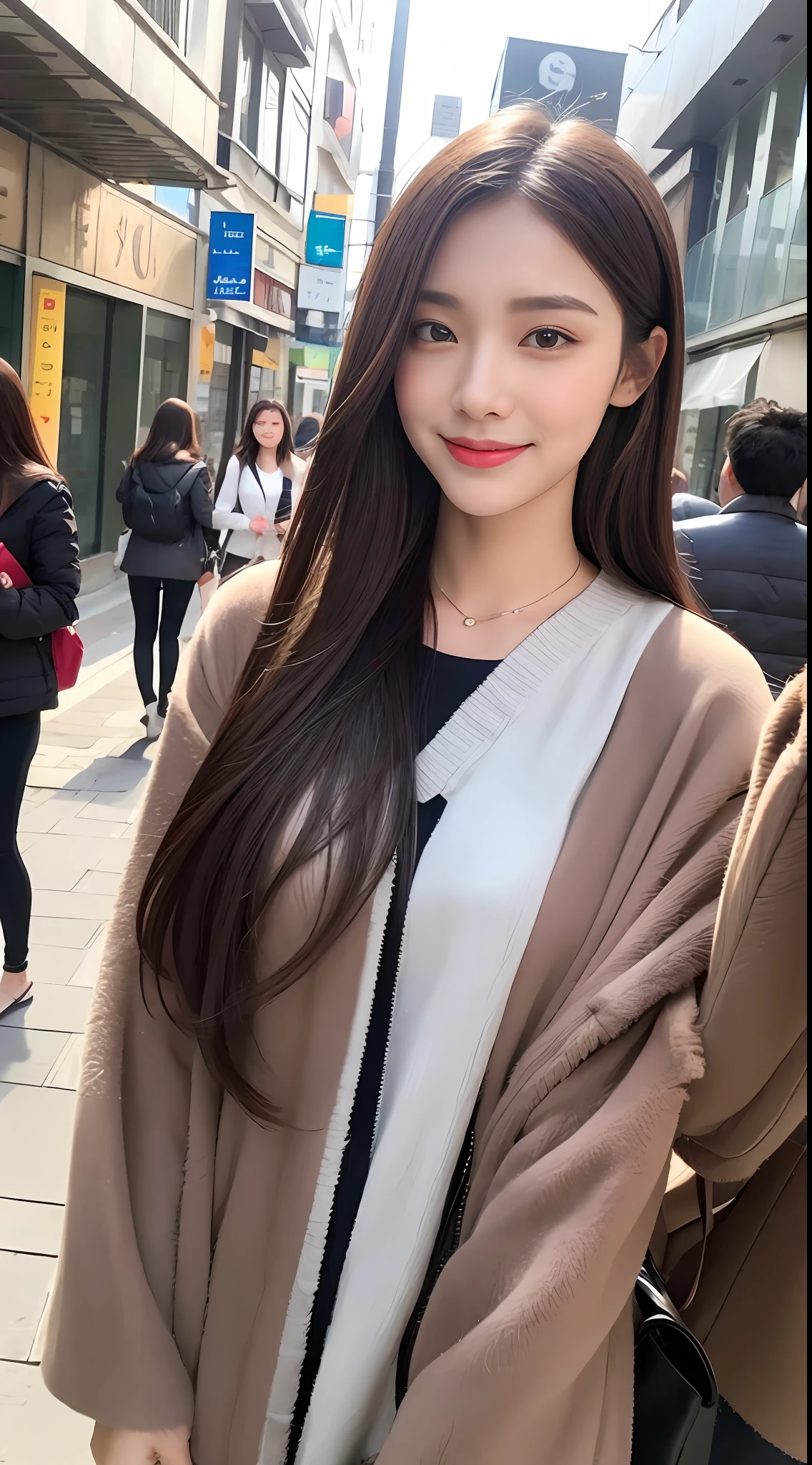 （（best qualtiy，8k，tmasterpiece：1.3））， 1girll， ssmile， full bodyesbian， Slim Faces， Beautiful woman， （dark brown  hair）， Wear mink ：1.1， Super detailed face， Detailed eyes， 二重まぶた， blur backgroun， Slim Faces， 城市， do lado de fora， the street，