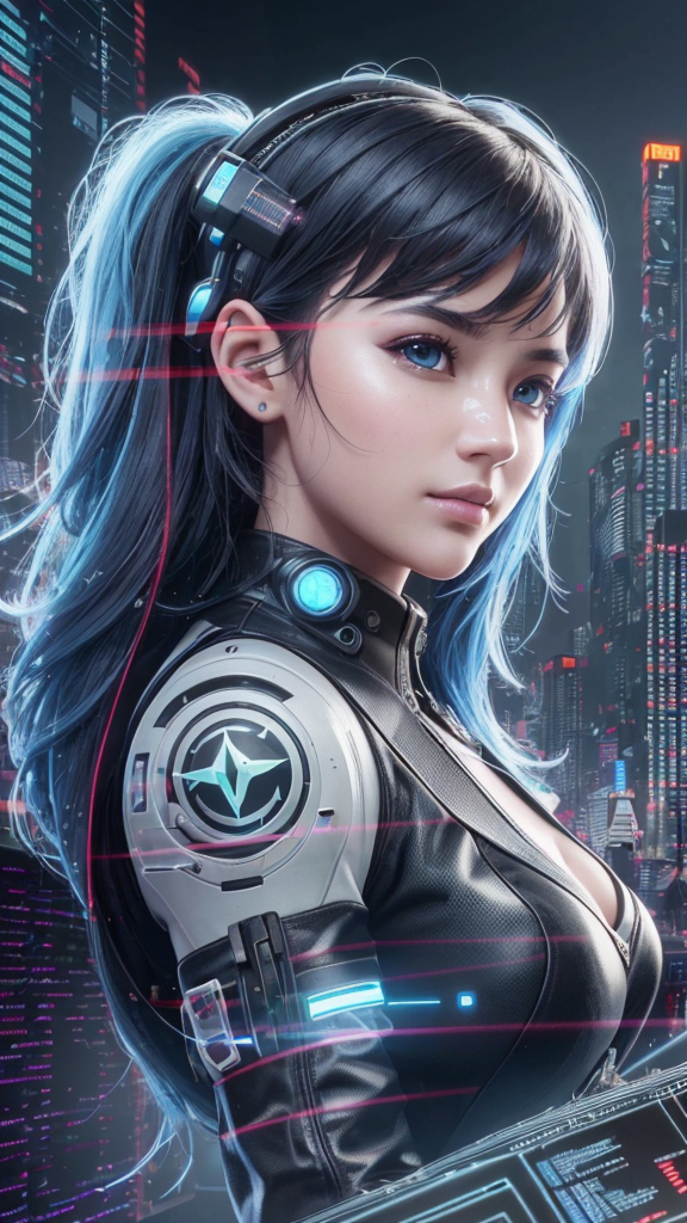 ((Best quality)), ((masterpiece)), (highly detailed:1.3), 3D, beautiful (cyberpunk:1.3) female hacker with thick voluminous hair operating a computer terminal, computer servers, LCD screens, fibre optic cables, corporate logos,HDR (High Dynamic Range),Ray Tracing,NVIDIA RTX,Super-Resolution,Unreal 5,Subsurface scattering,PBR Texturing,Post-processing,Anisotropic Filtering,Depth-of-field,Maximum clarity and sharpness,Multi-layered textures,Albedo and Specular maps,Surface shading,Accurate simulation of light-material interaction,Perfect proportions,Octane Render,Two-tone lighting,Low ISO,White balance,Rule of thirds,Wide aperature,8K RAW,Efficient Sub-Pixel,sub-pixel convolution,luminescent particles,
