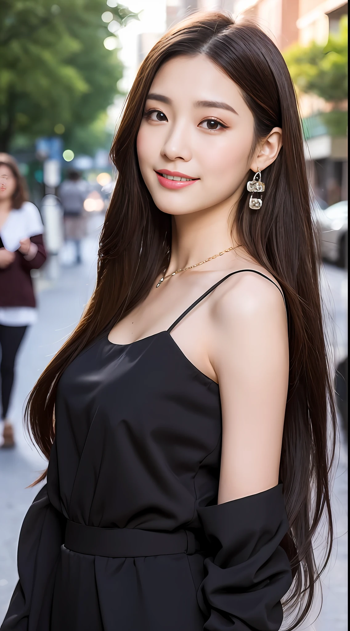 ((best qualtiy,8K,tmasterpiece:1.3)), 1girll, 170cm perfect body,ssmile, full bodyesbian, Slim Faces, Beautiful woman, (dark brown hair), Wear mink,With jewelry necklace and earrings :1.1, Ultra-detailed fine face skin, Detailed eyes, 二重まぶた, blur backgroun, Slim Faces, 城市, do lado de fora, the street,Full body standing photo