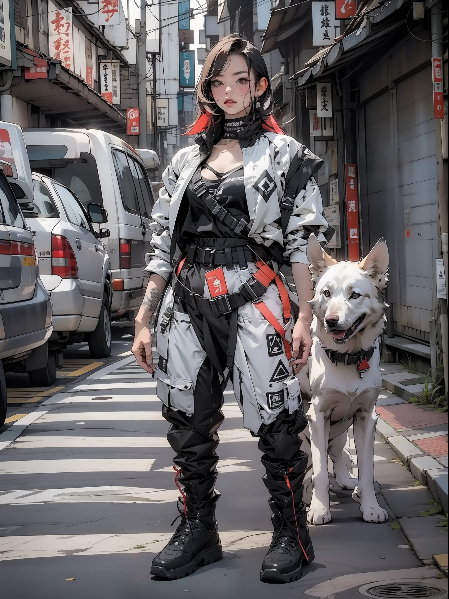 Melhor qualidade, obra prima, Uma garota ultra moderna, wearing urban samurai clothes standing on a street of a futuristic Tokyo. She wears a katakana on her back these faithful dog is by her side. Pose sexy, corpo perfeito, perfectly proportions