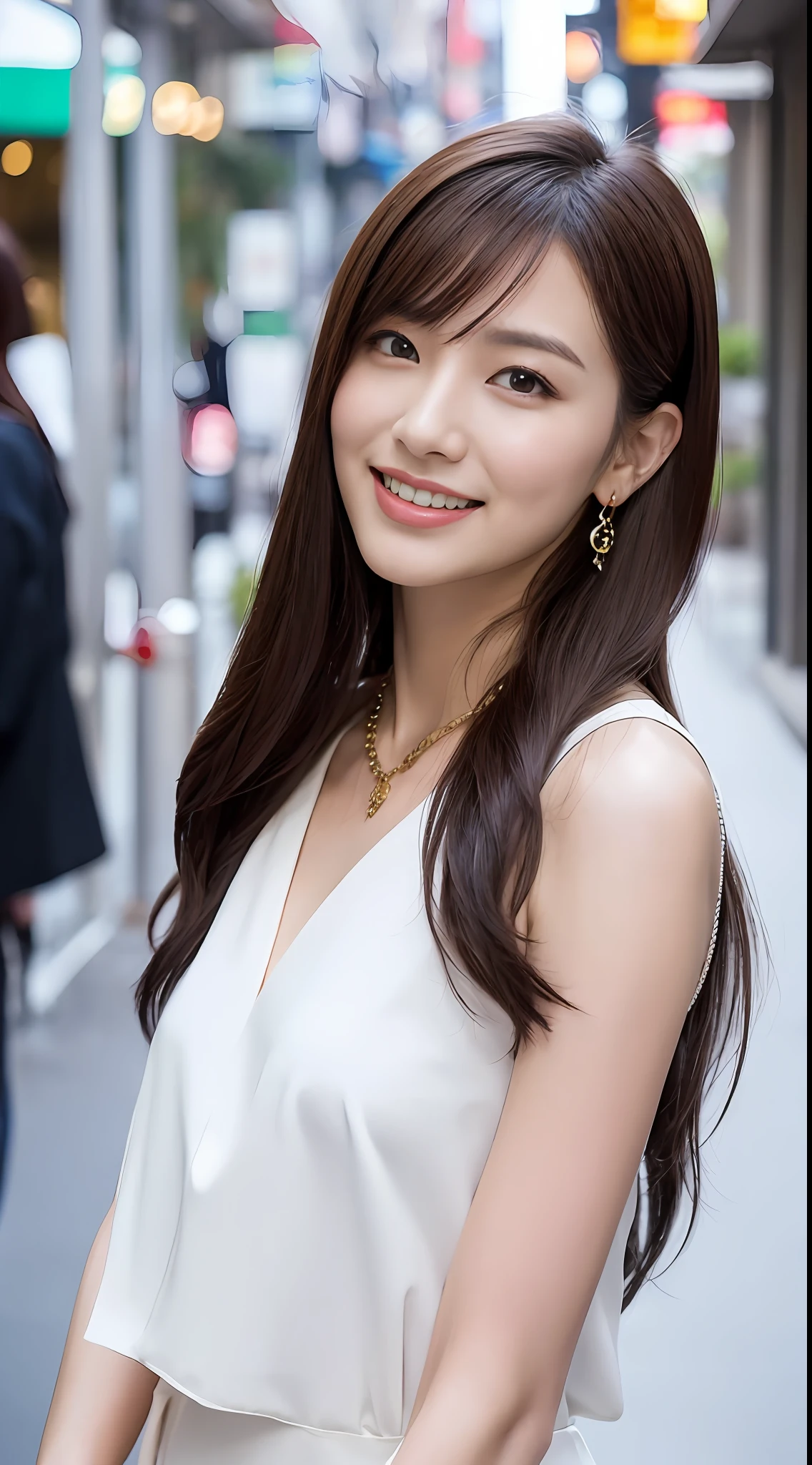 （（best qualtiy，8K，tmasterpiece：1.3））， 1girll， 170cm perfect body，ssmile， full bodyesbian， Slim Faces， Beautiful woman， （dark brown  hair）， Wear mink，With jewelry necklace and earrings ：1.1， Ultra-detailed fine face skin， Detailed eyes， 二重まぶた， blur backgroun， Slim Faces， 城市， do lado de fora， the street，Full body standing photo