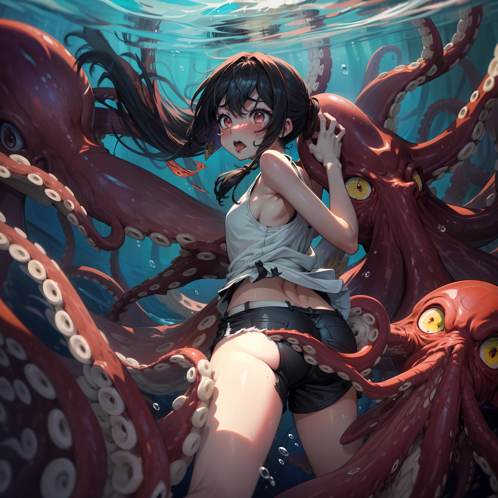 one girls、obscenity、Metamorphosis、small head、Long black hair、poneyTail、big eye、Red eyes、red blush、Tears、tongue、Desperate look、,tears、Black shorts、white tank tops、Tentacles are touching the crotch、Tentacles are touching the buttocks、Super giant octopus、under the water、