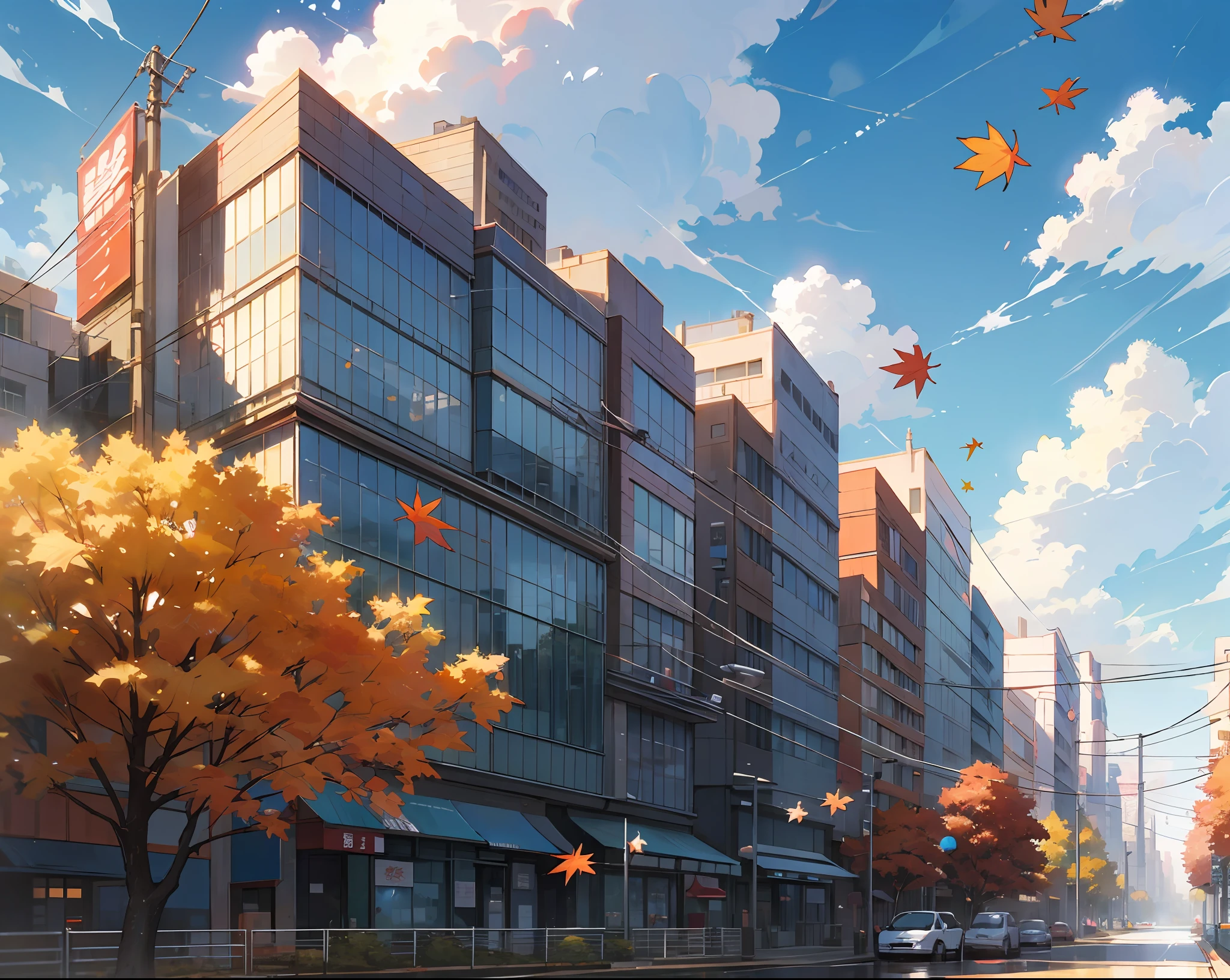 unmanned、Clear blue sky、Scaly clouds、Urban Japan、Street、main street、Street trees with autumn leaves、Scattered Maple、Sunlight、Beautiful anime、By Shinkai Makoto、((By Shinkai Makoto))、Anime Background Art、anime backgrounds、style of makoto shinkai、anime movie background、No humans。