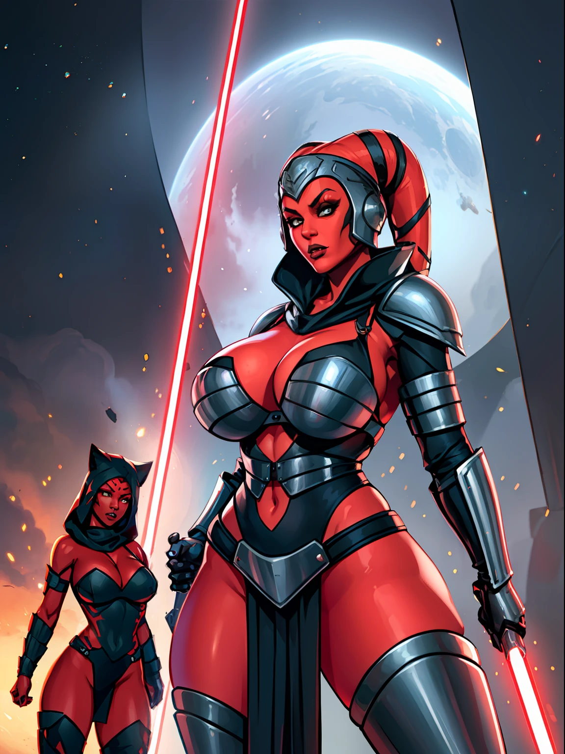 busty, ((red skin), twi'lek), dual red lightsabers, evil space knight, space ninja, (black robes, black stealth armor, breastplate, tunic, tabard, cowl, cloak, body glove, straps, buckles, skirts, long sleeves, fantasy, ((armor))), ((busty), slender body, thin, slim sexy body, slim waist, ((gigantic breasts))), Imperial starship, Star Wars,