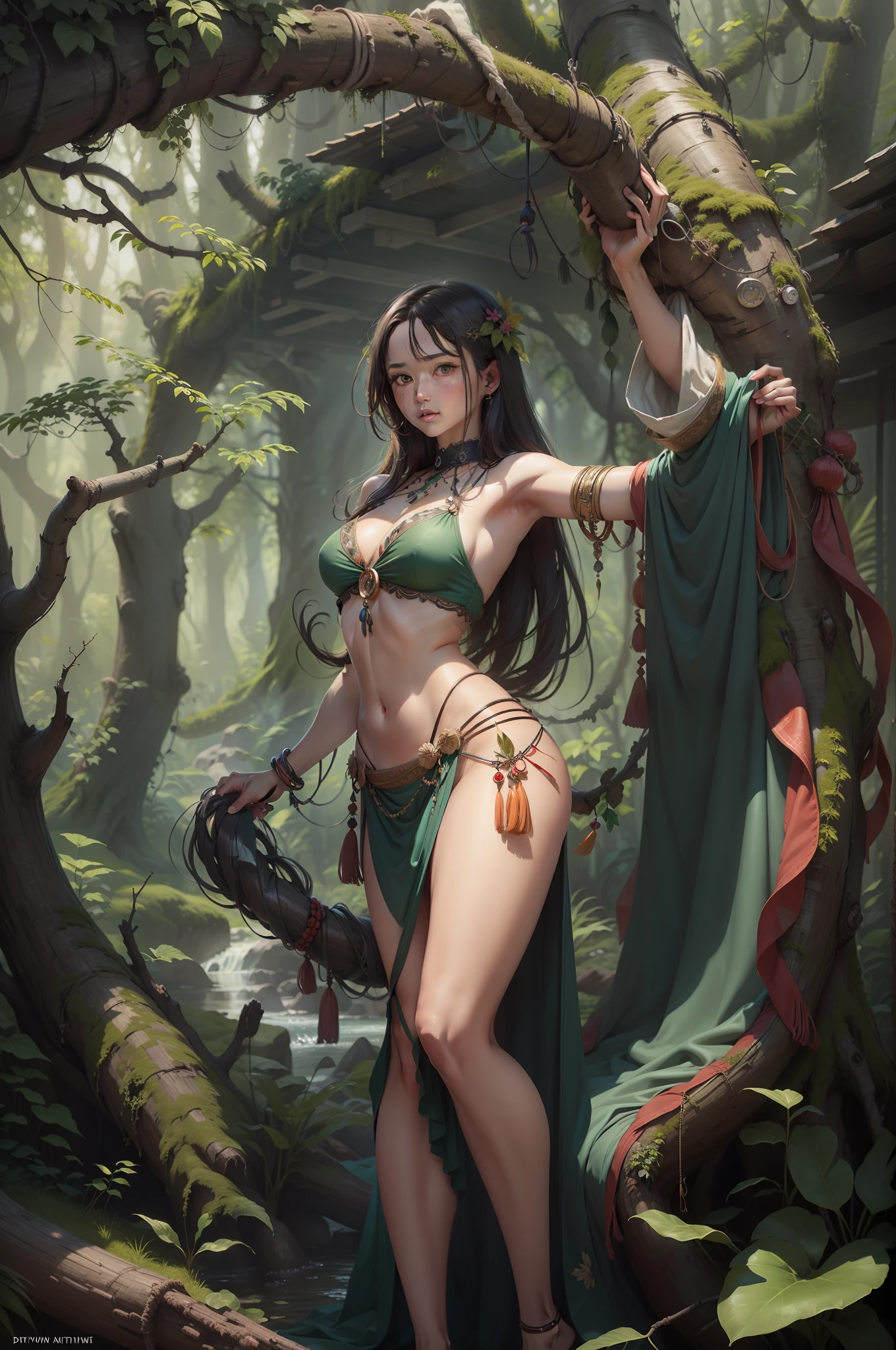 (digitial painting),(best qualtiy),Close-up of a beautiful woman,(((The bow and arrow are pulled in the hand,))),Primitive tribesmen dressed up,There is only a grass skirt on the body,Deerskin chest,No other clothing,Barefoot,In tropical primeval forests,Green moss,Small rivers,grape trees,Huge trees,Cover the sky,Fallen trees,8K hyper-realism,Strong color scheme,gentle illumination, prime time, Enigmatic Atmosphere,