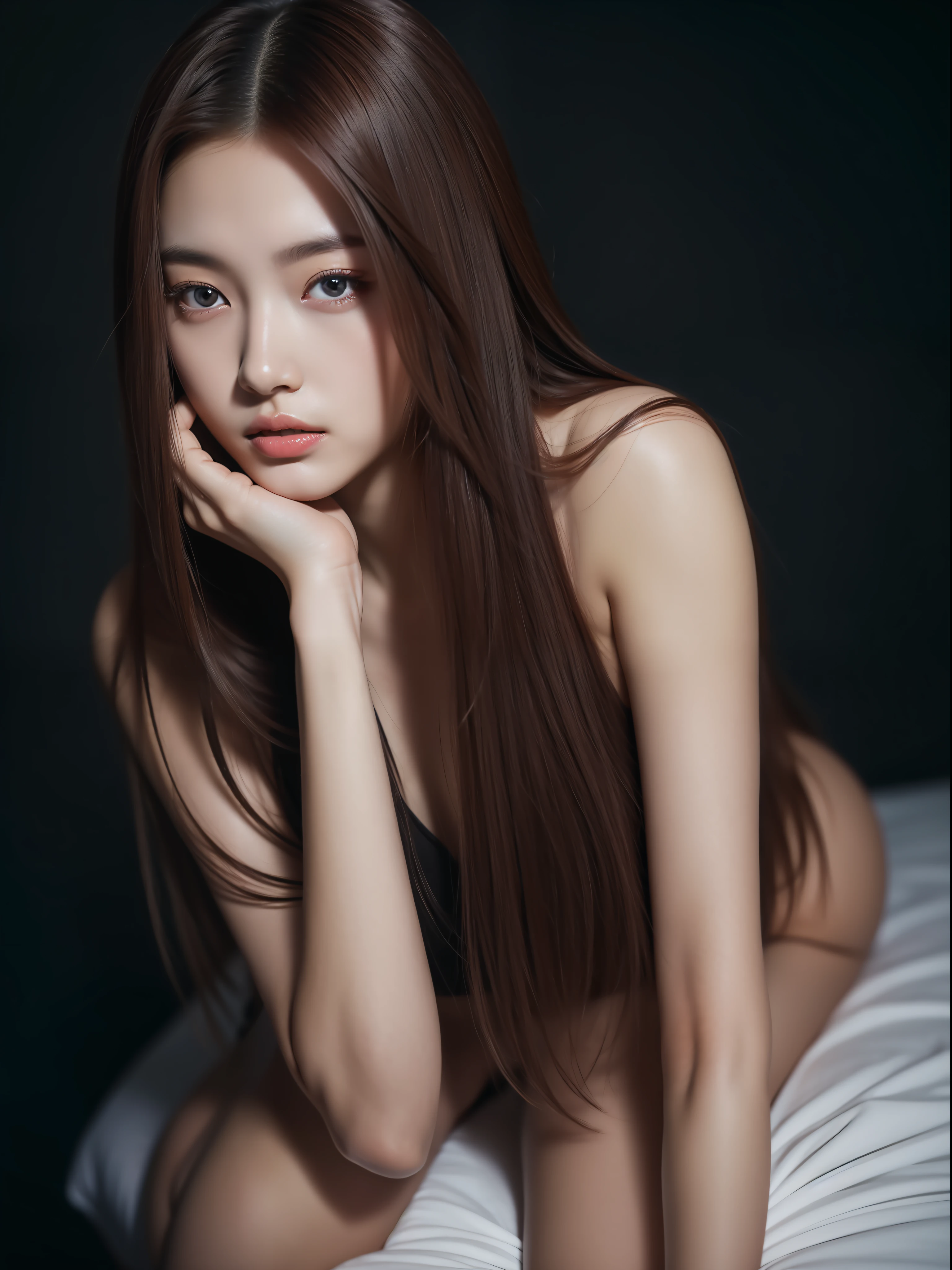 8K, RAW photo, high quality, realistic, 21 year old woman, full body photo, long hair, real face, real skin, tease, seduction