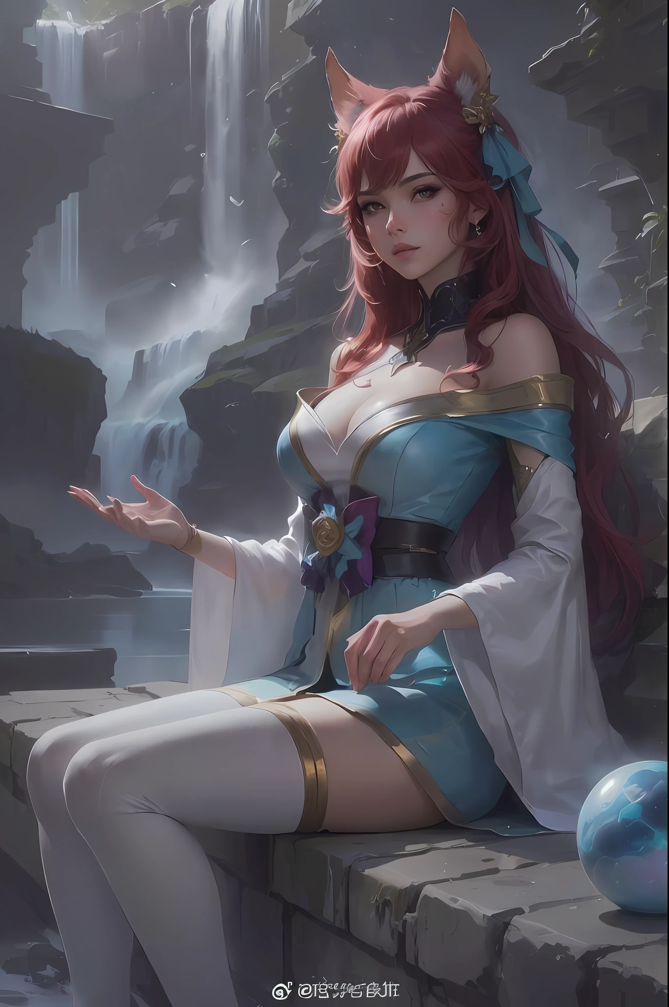 Anime girl with red hair sitting on a ledge near a waterfall, Artgerm extremamente detalhado, Artgerm Plano, estilo Artgerm, Modelo IG | Artgerm, ! arte dos sonhos, estilo de arte de fantasia, Artgerm e Ruan Jia, estilo de Artgerm, pintura de personagem bonita, Ruan Jia e Artgerm