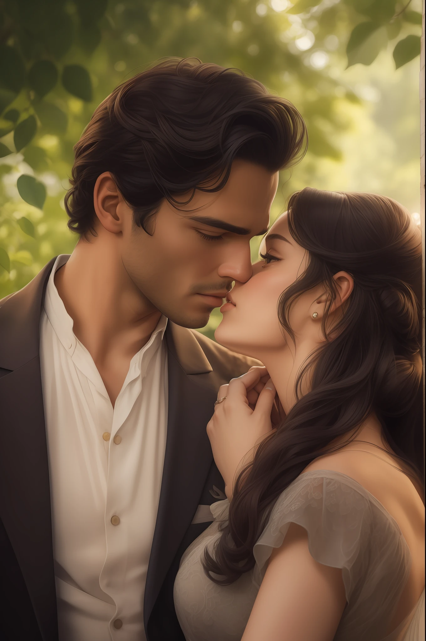 Masterpiece, best quality, RAW, analog style, A stunning portrait of a couple deeply in love in the gardens of a grand English countryside mansion in the year 1850. The man is tall, strong, and tanned handsome with brown wavy messy hair, brown eyes, and is around 30 years old. The woman is delicate with black straight hair styled in a bun, dark green eyes, and full lips, around 19 years old, scarlett ohara perfectly detailed facial traits. The couple is kissing each other passionately in a sunny hill. Create a masterpiece realistic illustration with intricate details capturing their love and emotions. Use clothes appropriate for the time period, and ensure the artwork is highly detailed. Please pay close attention to the details, such as the highlights and shadows on face and hair, to create a lifelike and realistic image. Experiment with different lighting techniques to enhance the mood and atmosphere of the portrait. The final product should be a masterpiece that captures the essence and beauty of the couple, ((highly detailed skin, skin details)), sharp focus, volumetric fog, 8k UHD, DSLR, high quality, film grain, Fujifilm XT3
