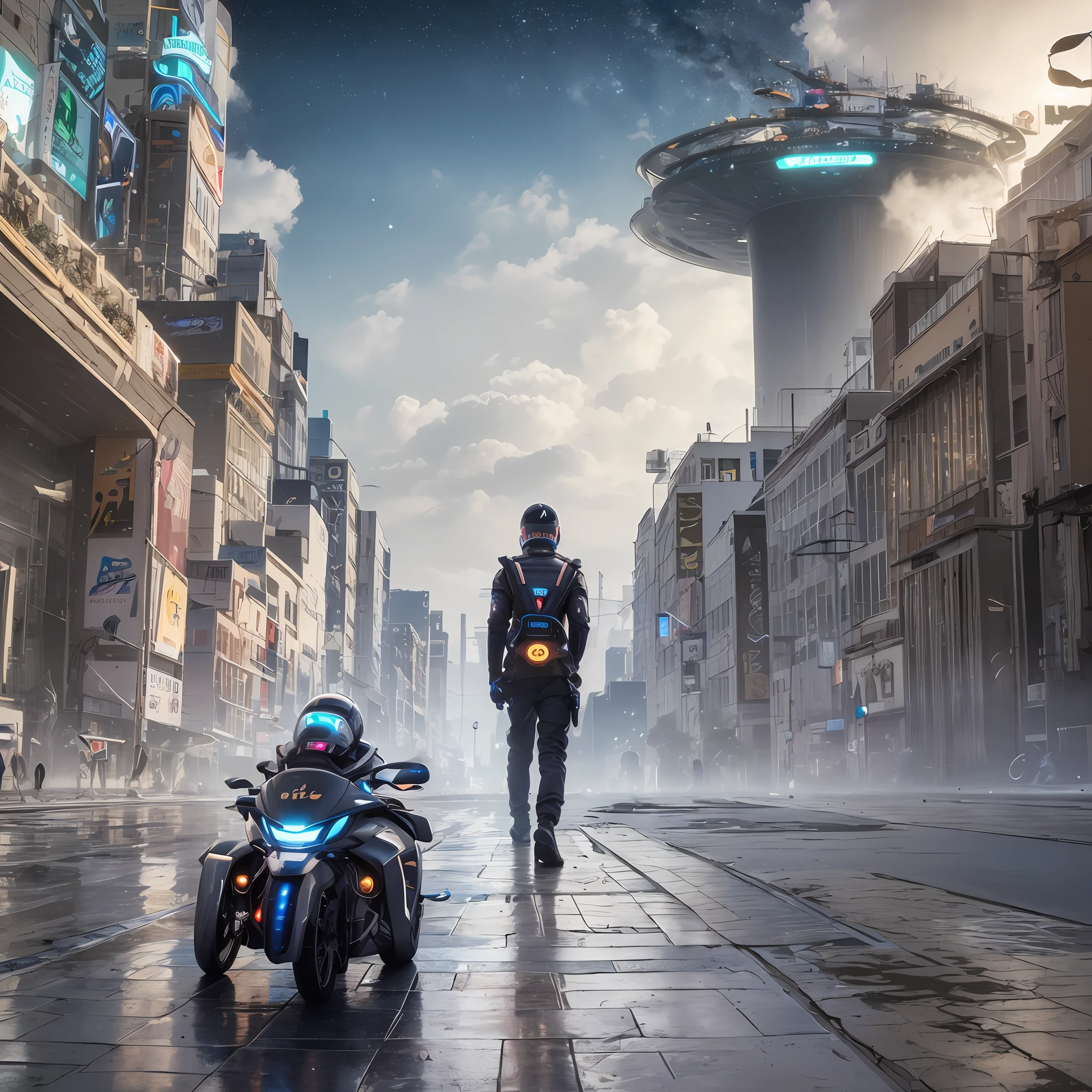 Color photo of: a futuristic society where humans and AI work together, with humans providing reasonable demands and conceptual plans while AI implements them. Together they advance society, AI, and humanity as they explore the mysteries of the universe --auto --s2
