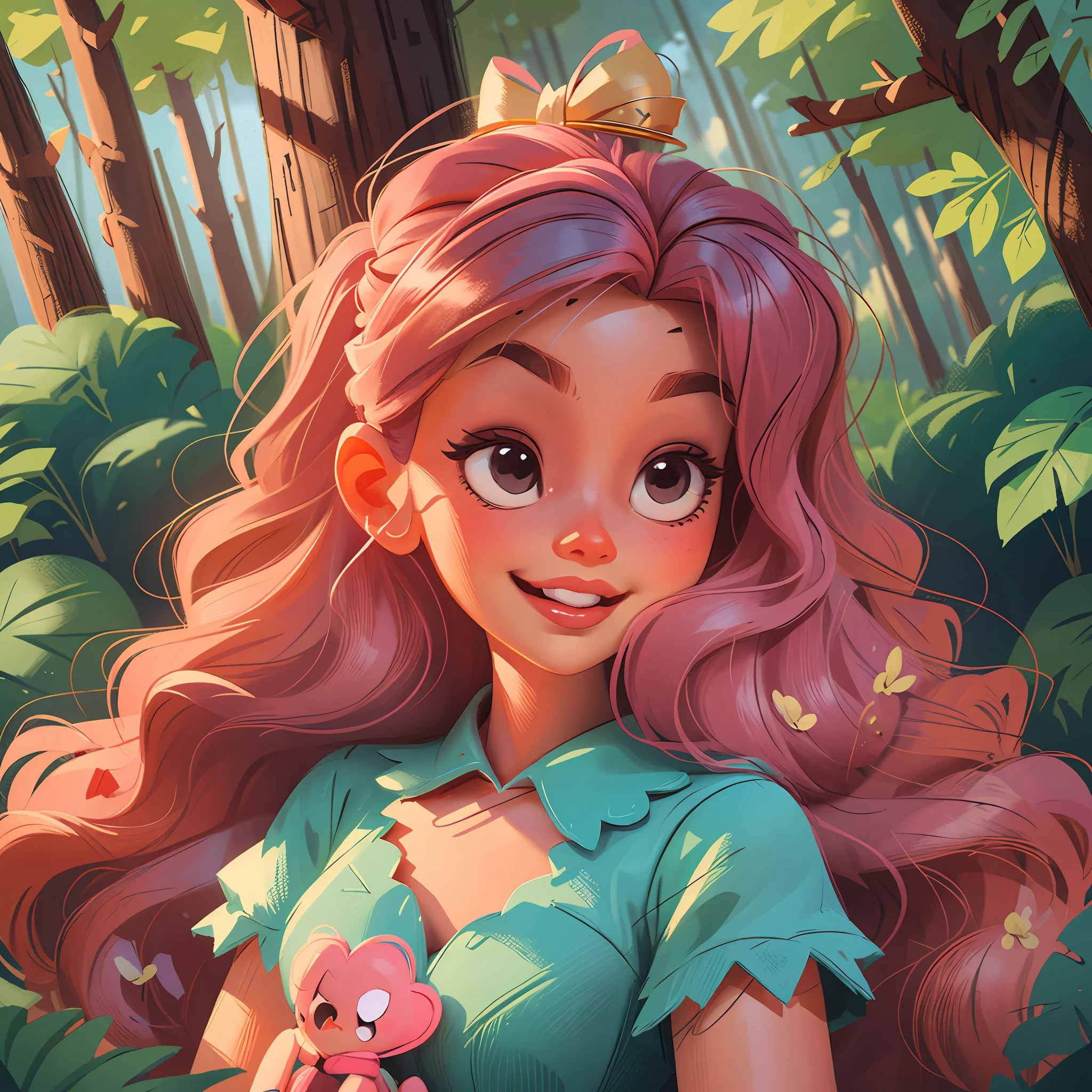 A very princess cute Barbie enjoying a beautiful summer in the woods. The illustration is a high-definition illustration in 4K resolution with highly detailed facial features and Disney cartoon-style visuals.