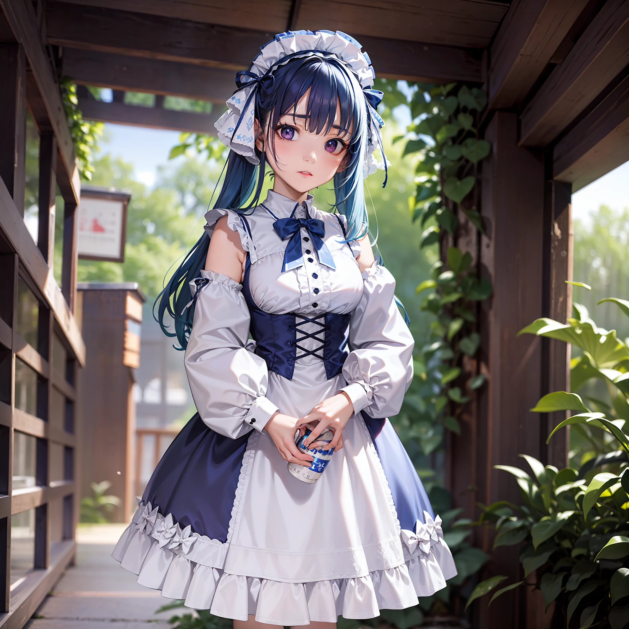 blue hairs,White Blue Lolita,loli face,Premium face,with a round face,are standing,holding a bottle of milk,Pale pink eyes,dual horsetail,