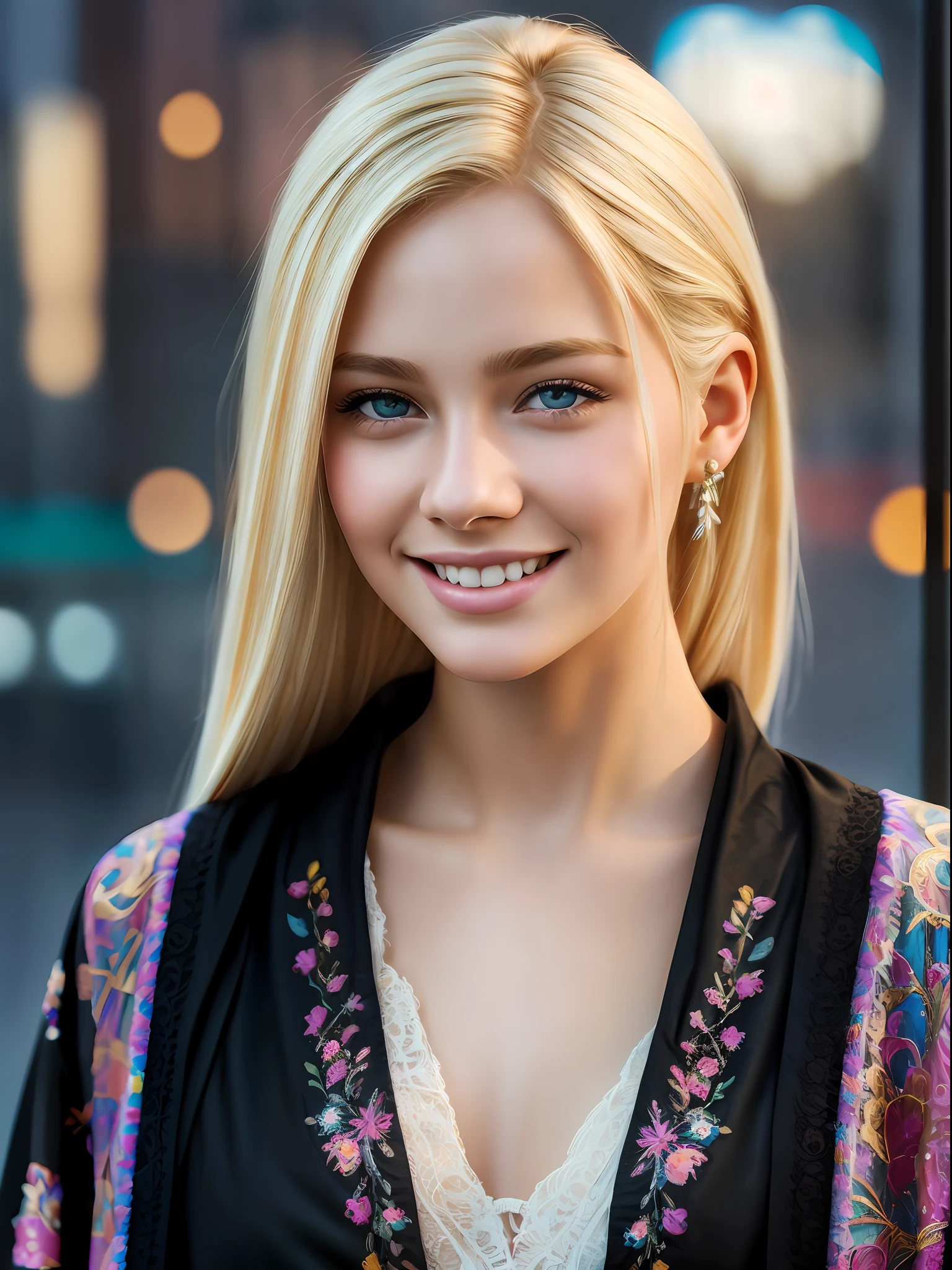 realistic close up young model blonde portrait, look, soft makeup, smiling face colorful hair, lace robe,, black jaket , painted background,city wet , soft light, bokeh, painterly, trending on artstation, sharp focus, studio photo, intricate details, highly detailed, by greg rutkowski