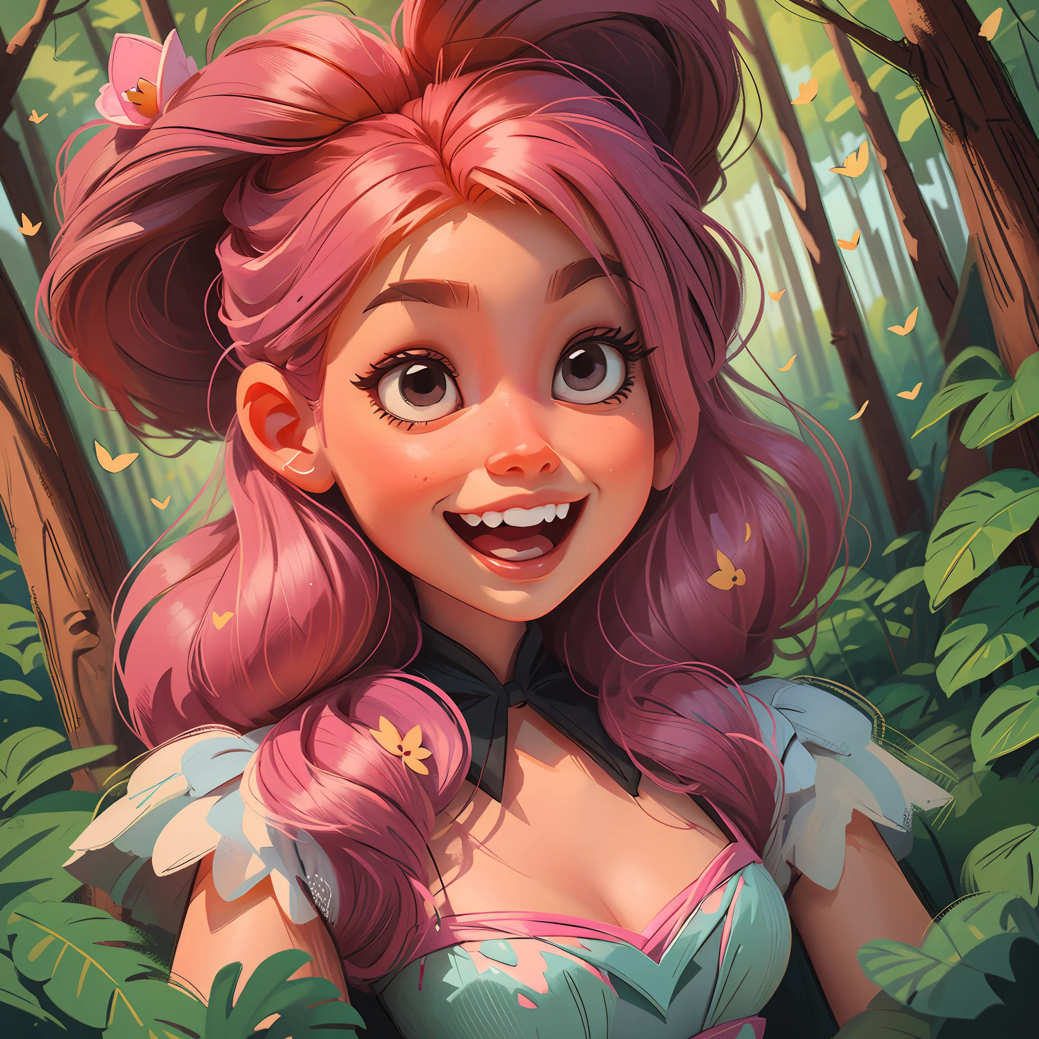 A very princess cute Barbie enjoying a beautiful summer in the woods. The illustration is a high-definition illustration in 4K resolution with highly detailed facial features and Disney cartoon-style visuals.