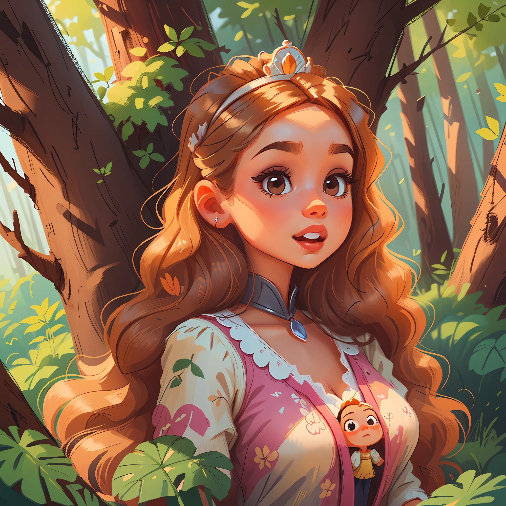 A very princess cute Barbie enjoying a beautiful summer in the woods. The illustration is a high-definition illustration in 4K resolution with highly detailed facial features and Disney cartoon-style visuals.