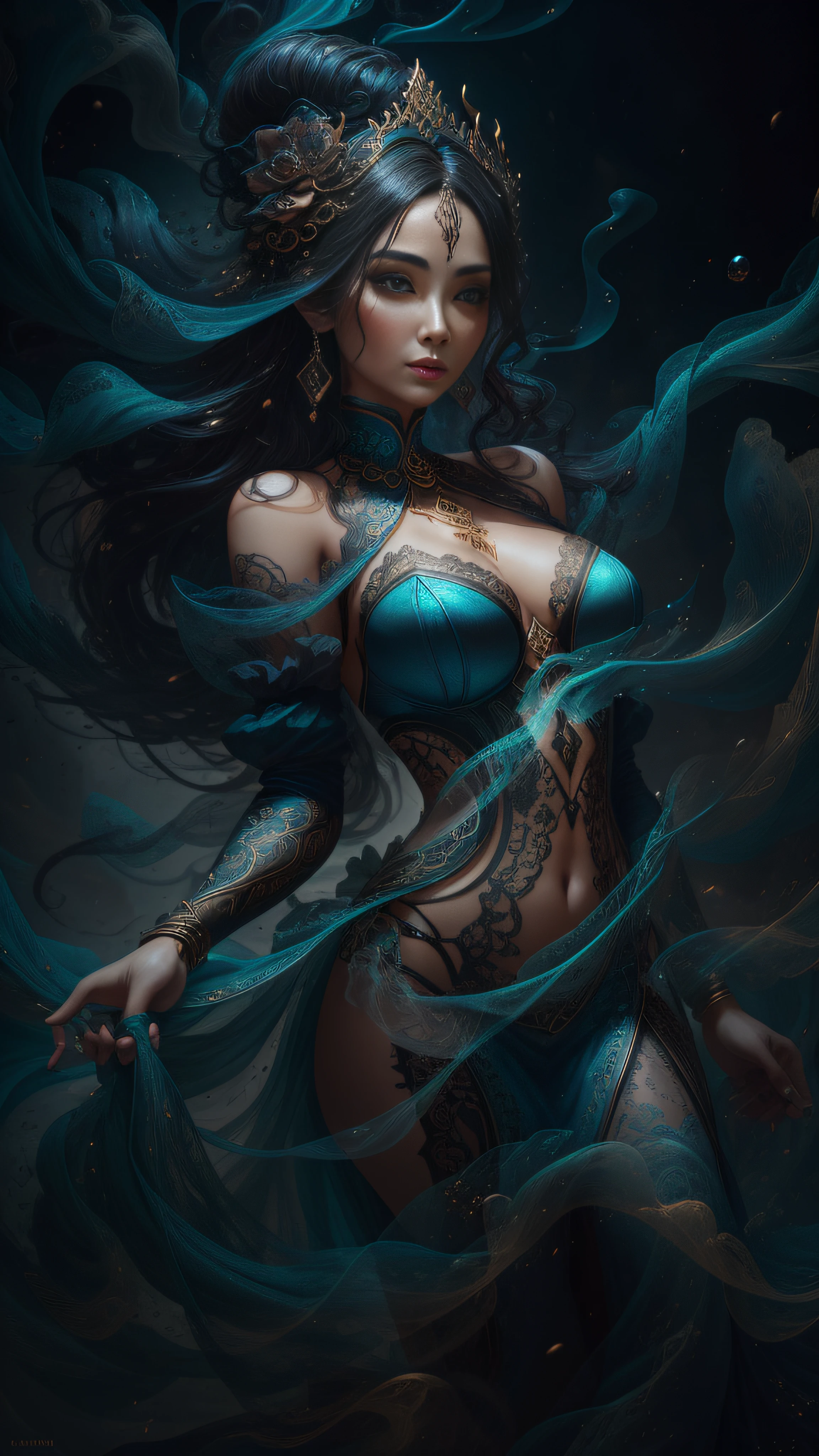A sexy woman，， Ultra detailed art abstract photography in dark hookah spiral， Lace satin-like flowing smoke like clouds and smoke， Ten billion wild feng shui journey， perfectly proportions， A detailed， art by alberto seveso， Carne Griffith， Wadim Kashin， Jean Baptiste Monge， splashart， ink cloud， dynamic dancing pose， intricately details， carefully， at centre， in frame， dramatic  lighting， Popular on CGhSociety， iintricate， Epic， Popular on artstation， highly  detailed， TanvirTamim， with dynamism， Make movie character renderings， Ultra high quality， 8K