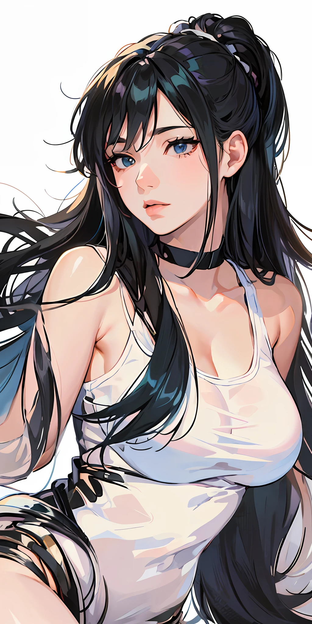 a drawing of a woman with long black hair and a white transparent shirt, side boob, heavy gesture style closeup, flat anime style shading, full body illustration, extra detail, clean detailed anime style, wearing a white transparent tanktop, thick border lines --auto --s2
