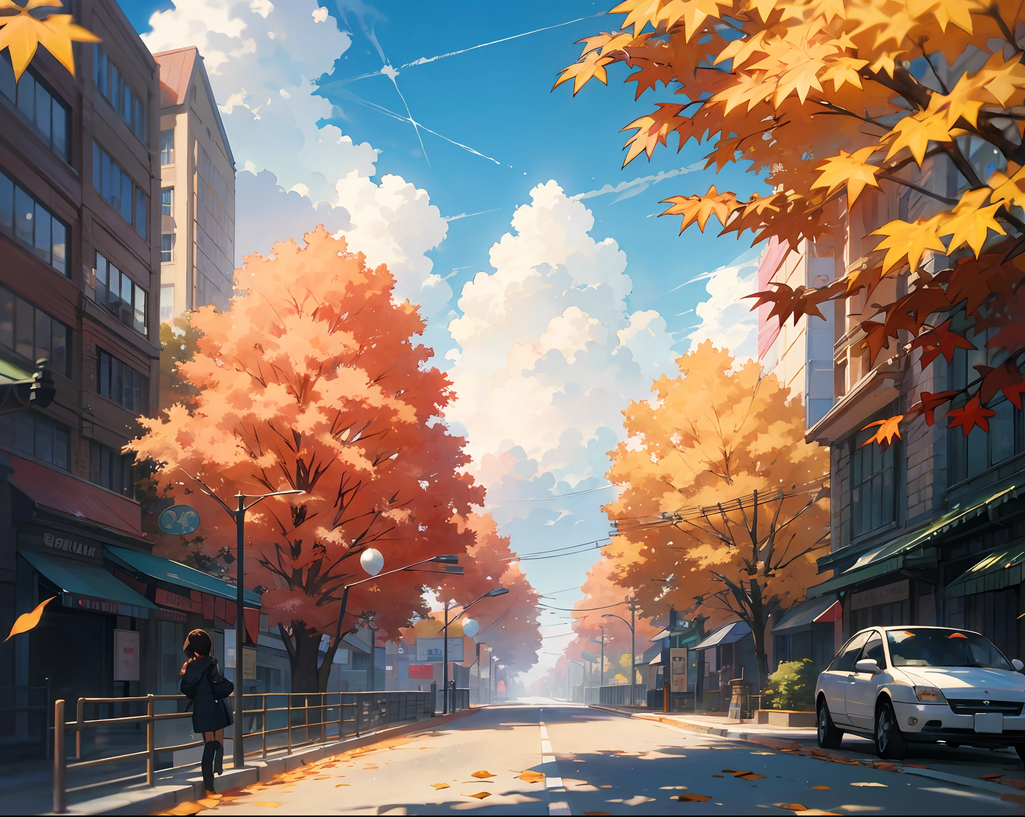 unmanned、Clear blue sky、Scaly clouds、Urban Japan、Street、main street、buliding、Street trees with autumn leaves、Autumn leaves in the air、Sunlight shines through the spots、Beautiful anime、By Shinkai Makoto、((By Shinkai Makoto))、Anime Background Art、anime backgrounds、style of makoto shinkai、anime movie background、No humans。
