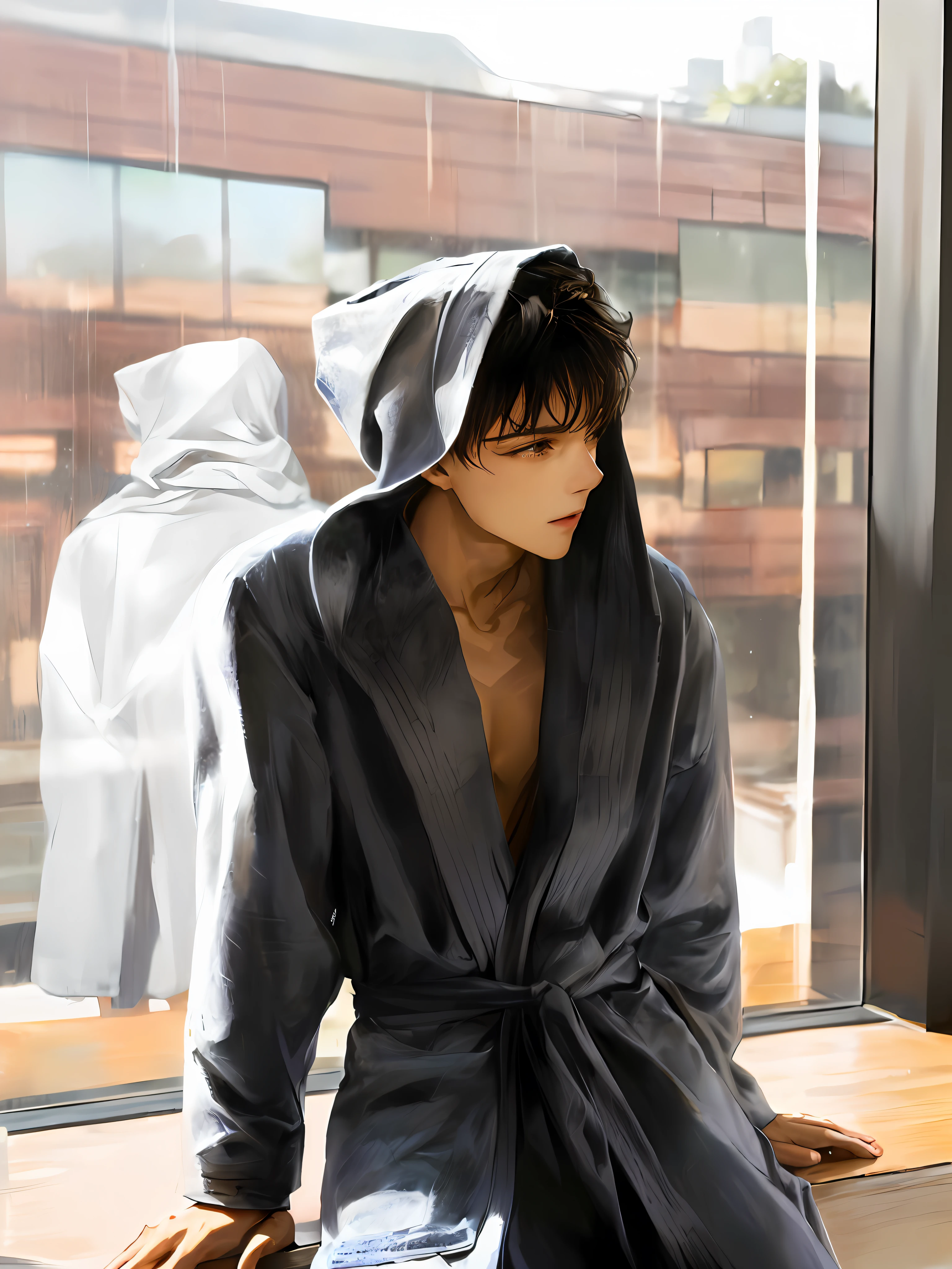 The ager sits on the windowsill, Wearing a gray yukata, clad in robes, dressed in simple robes, tmasterpiece, hyper qualit, High resolution for best quality,tmasterpiece,超高分辨率,So handsome, so handsome, so charming and holy, hot body, top handsome guy, starry eyes,The black hair has a dark blue glow