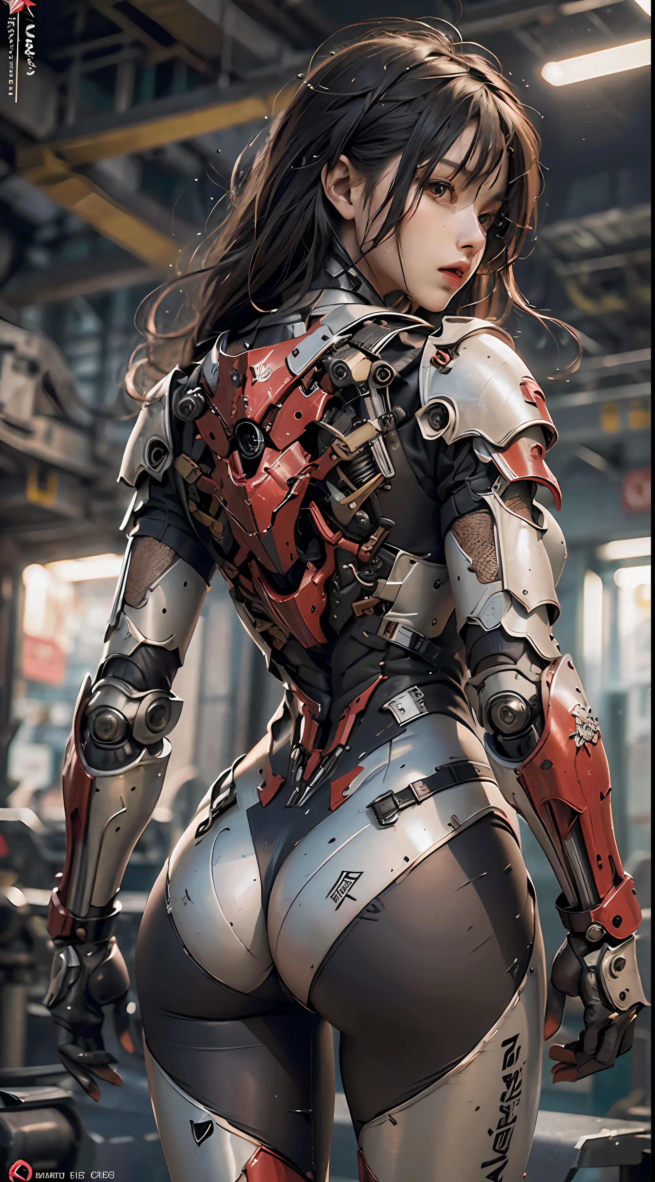 (Masterpiece), (Best quality), Photorealism, Realistic, Ultra detailed, Perfect face, Perfect body, 1girll, Beautiful girl, Girl in red armor, Mechanical armor, exoskeleton, Stand, Cool pose, Sexy, Watching from behind