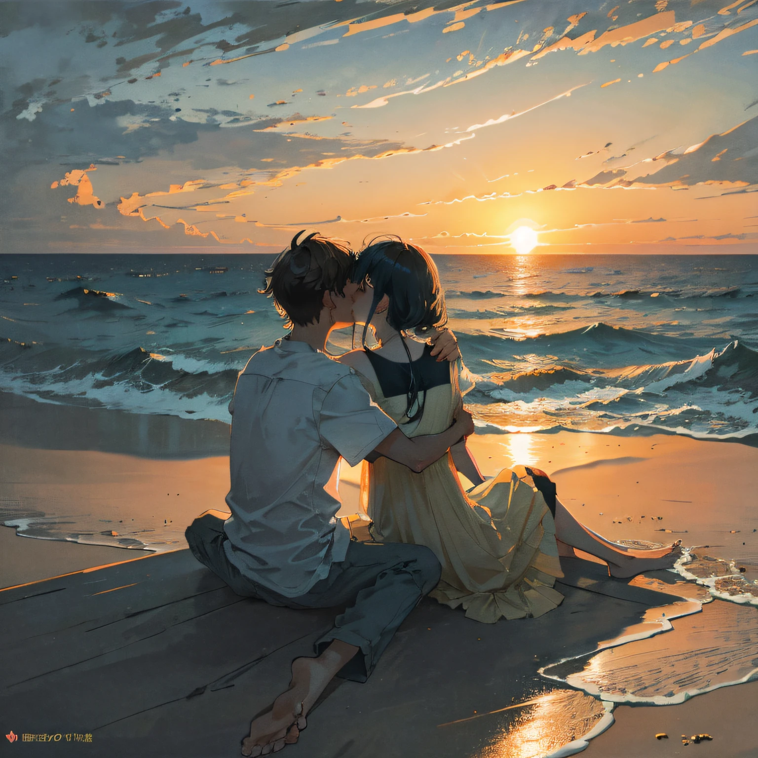 Boys and girls sitting by the sea，Facing the ocean，And the sun sets，Affectionate kissing --auto