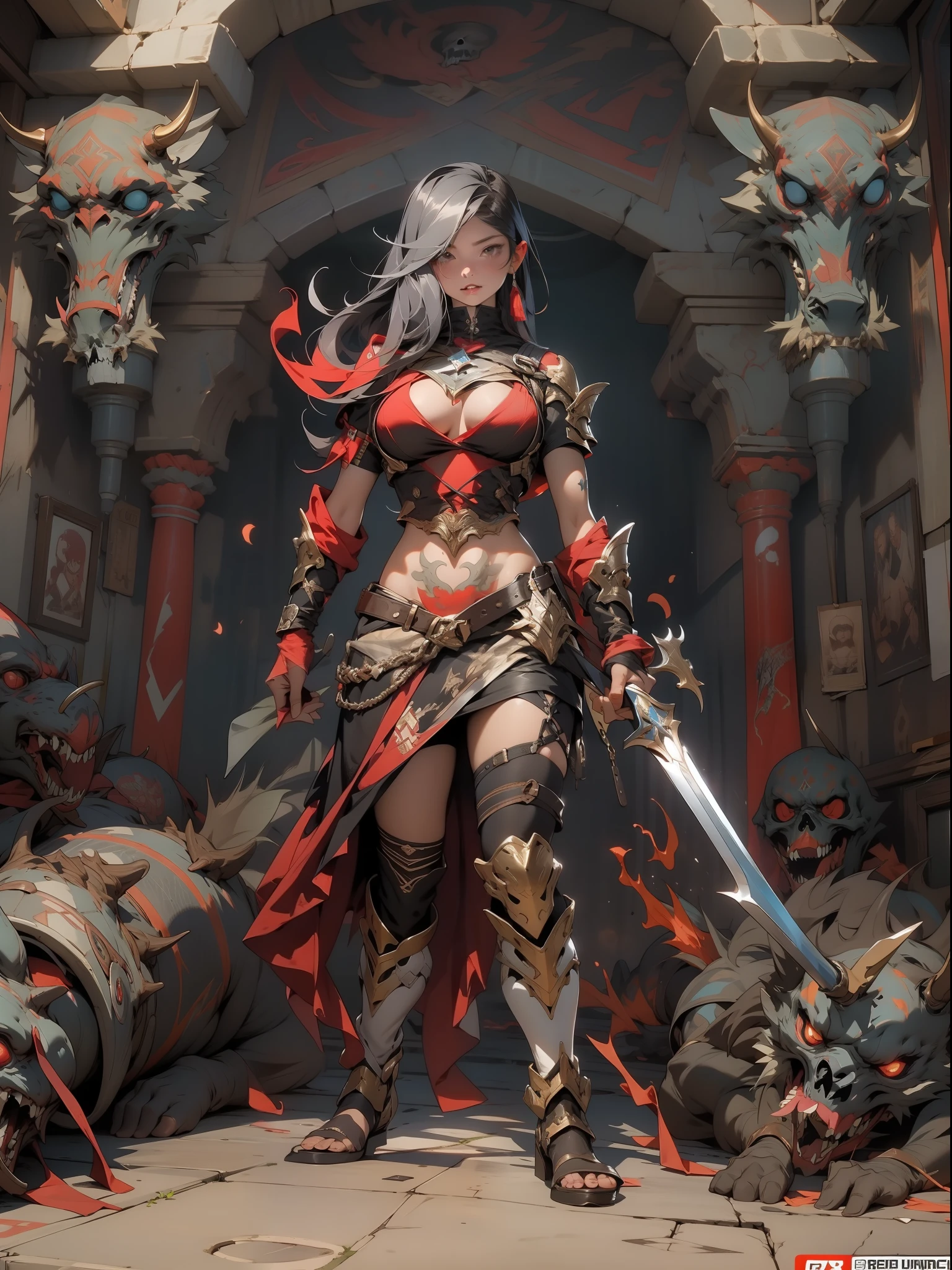 Nijistyle, ((( corpo inteiro ))), ((mulher))), A Barbarian Warrior, 35 anos, musculoso, quase nua, no estilo Simon Bisley para a capa da revista Heavy Metal;, ((( cabelo curto ondulado loiro ))), Minimum clothing, roupas curtas, red and white checkerboard on the arms, Tiny floss, HDR (high dynamic range),ray tracing,NVIDIA RTX,Super-Resolution,irreal 5,Subsurface dispersão, Textura PBR, Post-processing, anisotropic filtering, profundidade de campo, Maximum clarity and sharpness, texturas multicamadas, Albedo e mapas espetaculares, surface shading, Accurate simulation of light-material interaction, perfectly proportions, octan render, Two-tone lighting, ampla abertura, ISO baixo, white-balance, thirds rule, 8K BRUTO, edgDeathKnight