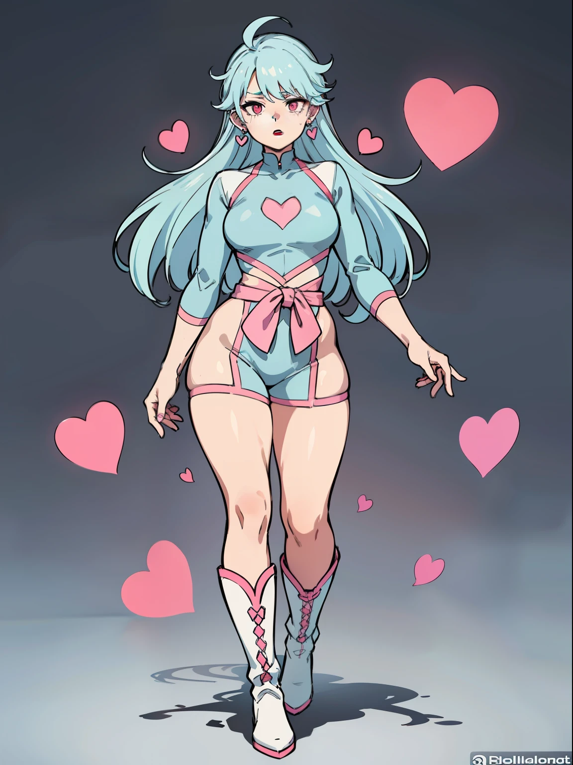 feminine boy, big hips, thin waist, no breasts, pink and light blue colored clothing, light blue hair, ear length hair, deep pink eyes, pouty lips, skin-tight clothing, heart-shaped earrings, ((male)) white thigh, ankle boots, full body, facing camera, solo