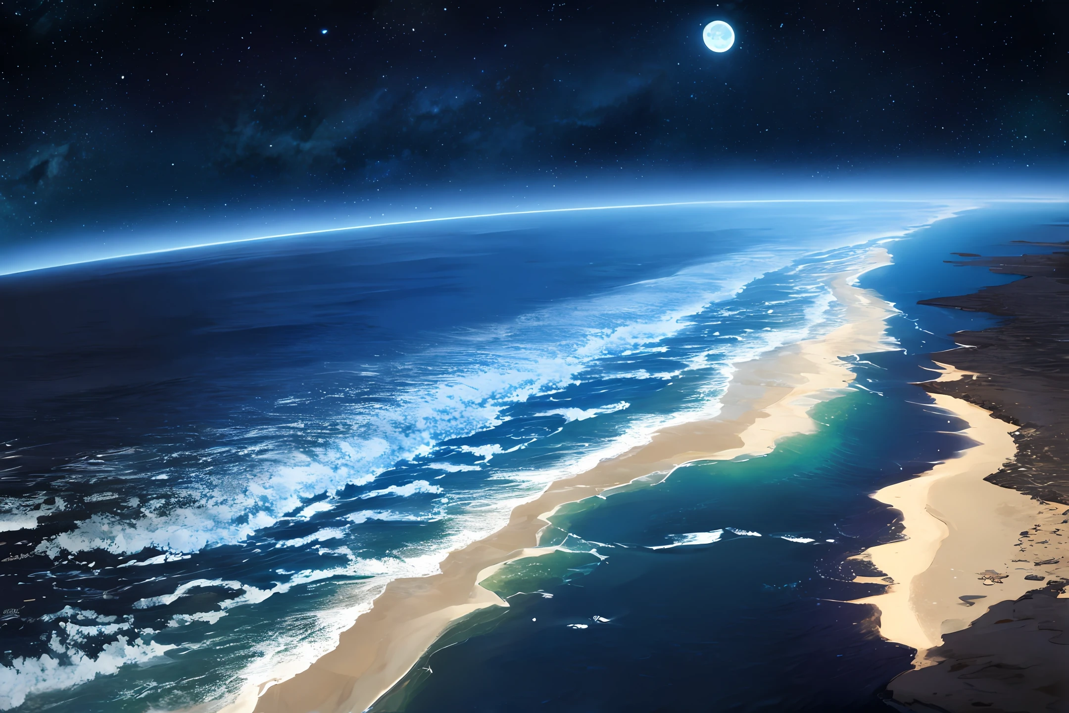 Space Beach,Astronauts walking in the water moon,The earth rises,moonlight illumination,Panorama shooting --ar 16:9 --dream