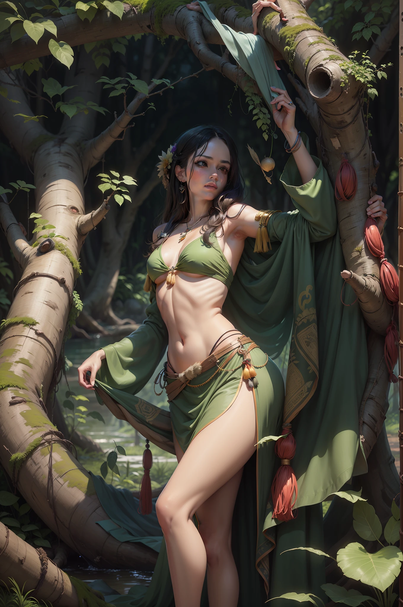 (digitial painting),(best qualtiy),Close-up of a beautiful woman,(((The bow and arrow are pulled in the hand))),Primitive tribesmen dressed up,There is only a grass skirt on the body,Deerskin chest,Barefoot,In tropical primeval forests,Green moss,Small rivers,grape trees,Huge trees,Cover the sky,Fallen trees,8K hyper-realism,Strong color scheme,gentle illumination, prime time, Enigmatic Atmosphere,