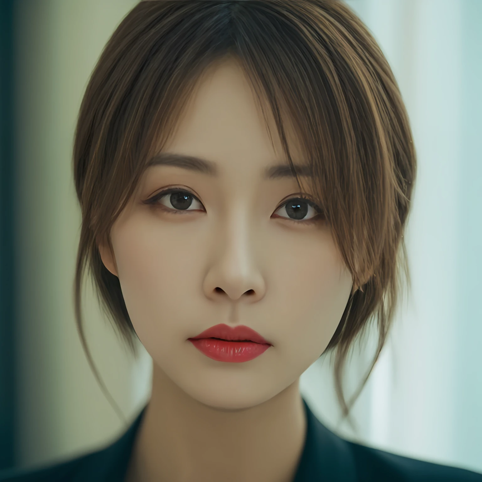 Looking at the audience, light makeup, realism, realistic photos, professional color correction, 8K, F2.4 aperture, 35mm lens, realistic real face, only the face area is included.