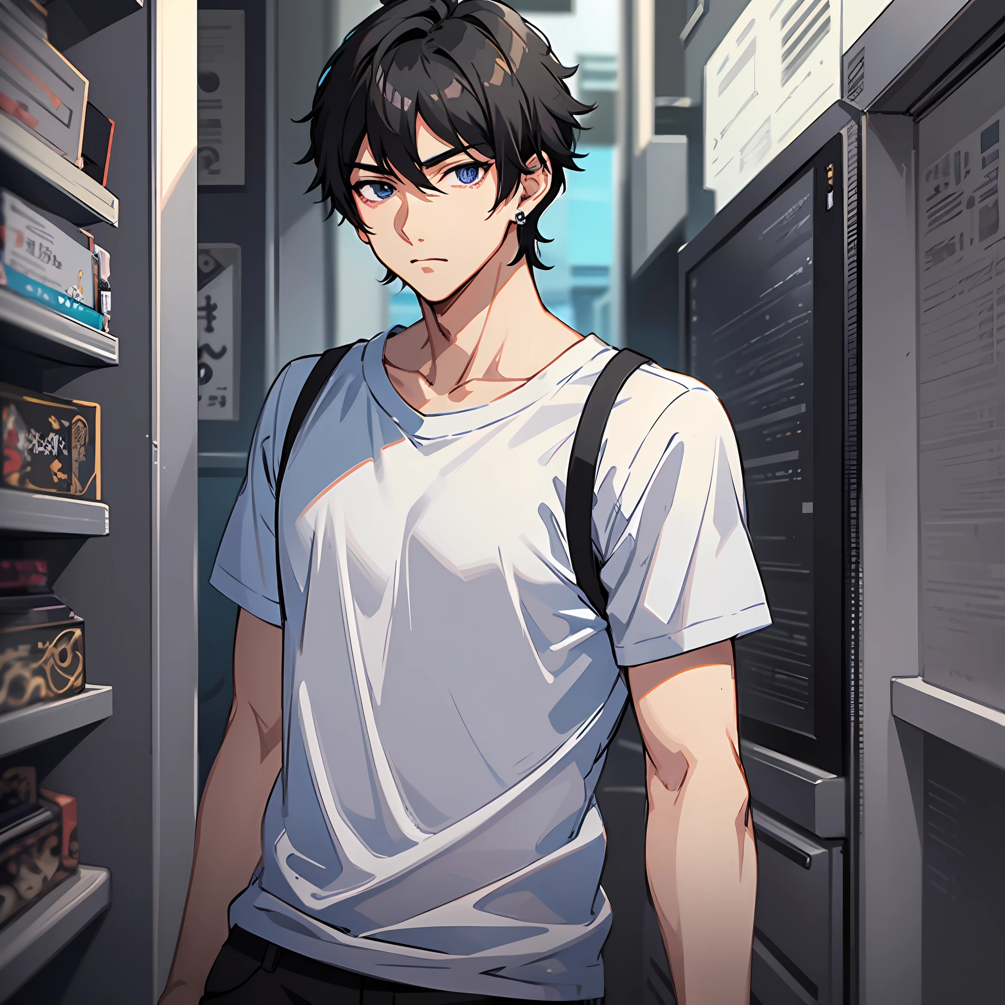 Anime character in white t-shirt standing in room,Tall anime man with blue eyes,young anime man,Anime handsome man,Anime portrait of a handsome man,anime moe art style,Male anime style,inspirado em Okumura Masanobu,male anime character,Anime boys,High Quality Anime Art Style,Handsome anime pose,smooth anime cg art,(with short black hair:2),Black stud earrings