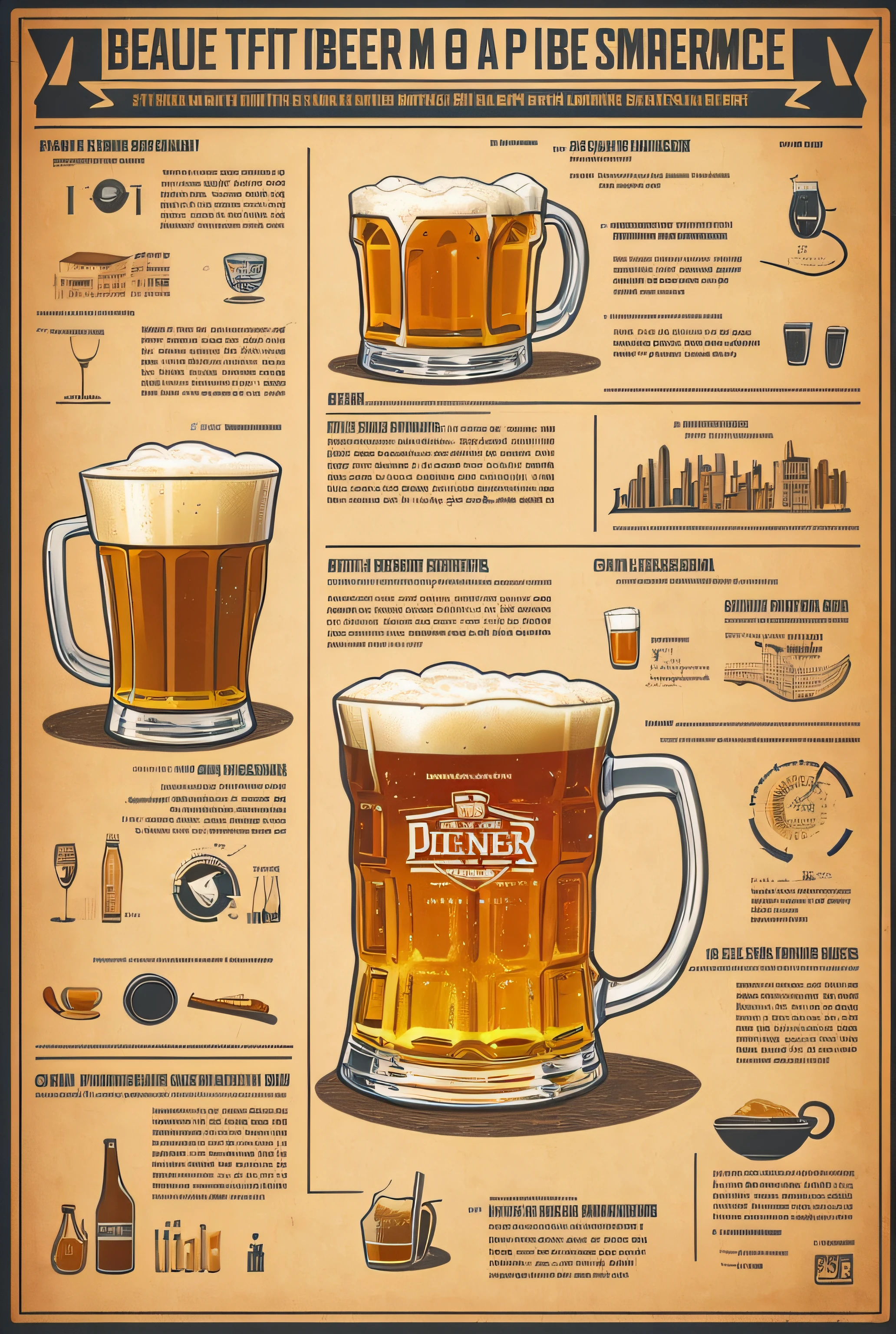 Close-up of poster with beer mug and diagram, Piva, infographics, Infographic style, beer commercial, infography, Information guide, infography, very accurate and detailed, Charts, beer mug, science poster, guide, Draft, accurate and detailed, pub, author:a computer rendering by Scott M. Fischer, drinking beer, reference sheet, vintagestyle --auto