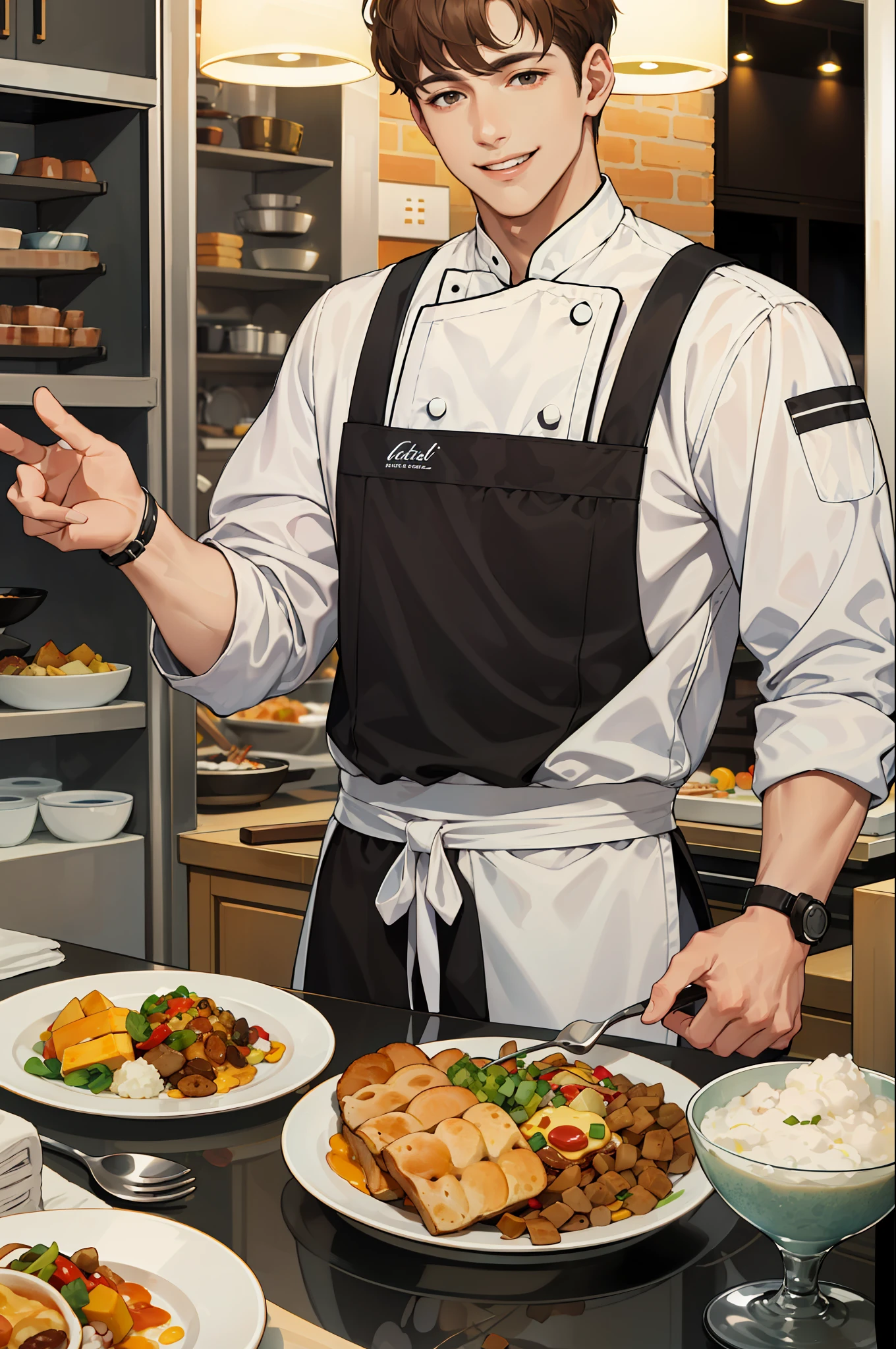 1 man, mature, middle aged, chef, family restaurant, chef outfit, light brown hair, a little beard, cool face, 40 years old, smile