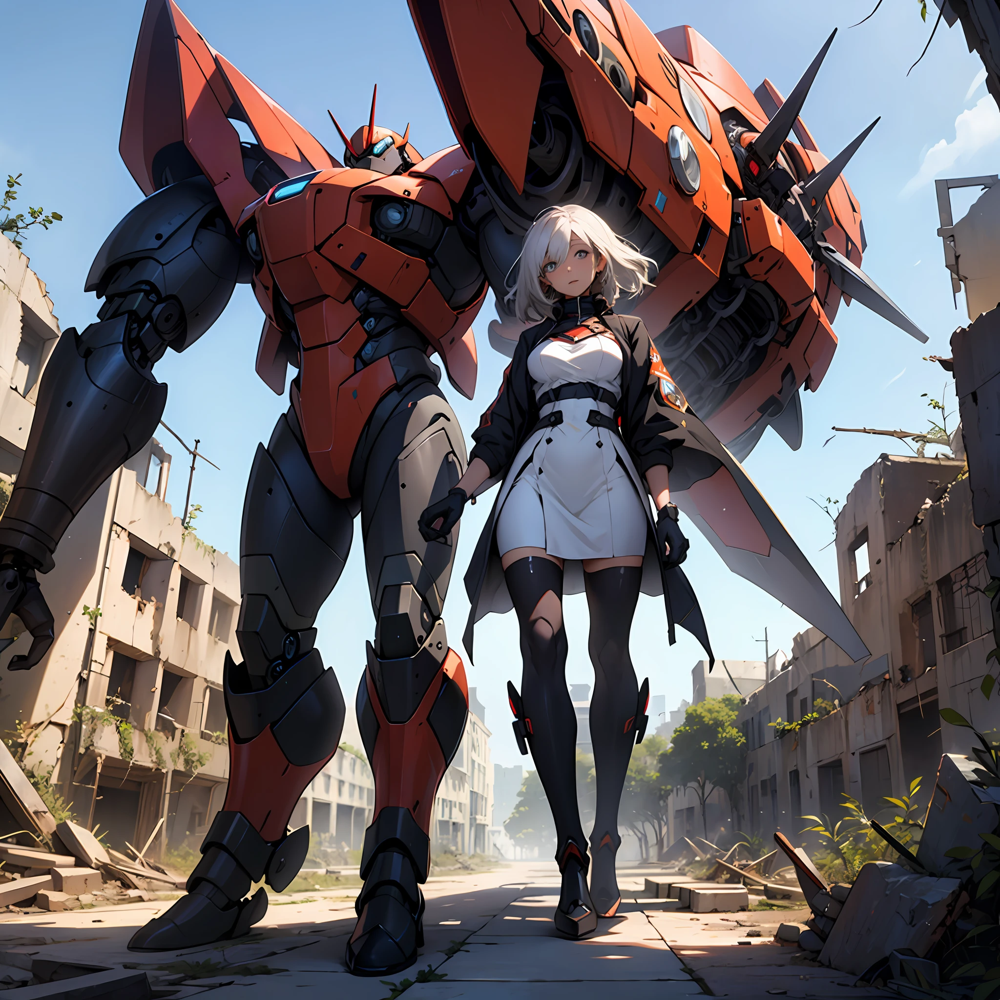 The woman in the mecha stood among the ruins，The eyes are deep and with a hint of charm --auto