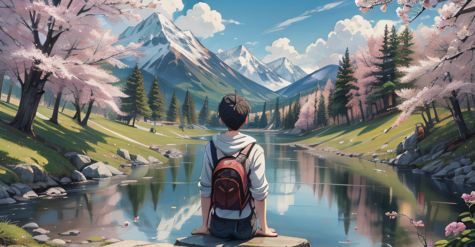 tmasterpiece,Miyazaki manga style,A boy looked into the distance,By the mountain spring,full bodyesbian,Back Shadow