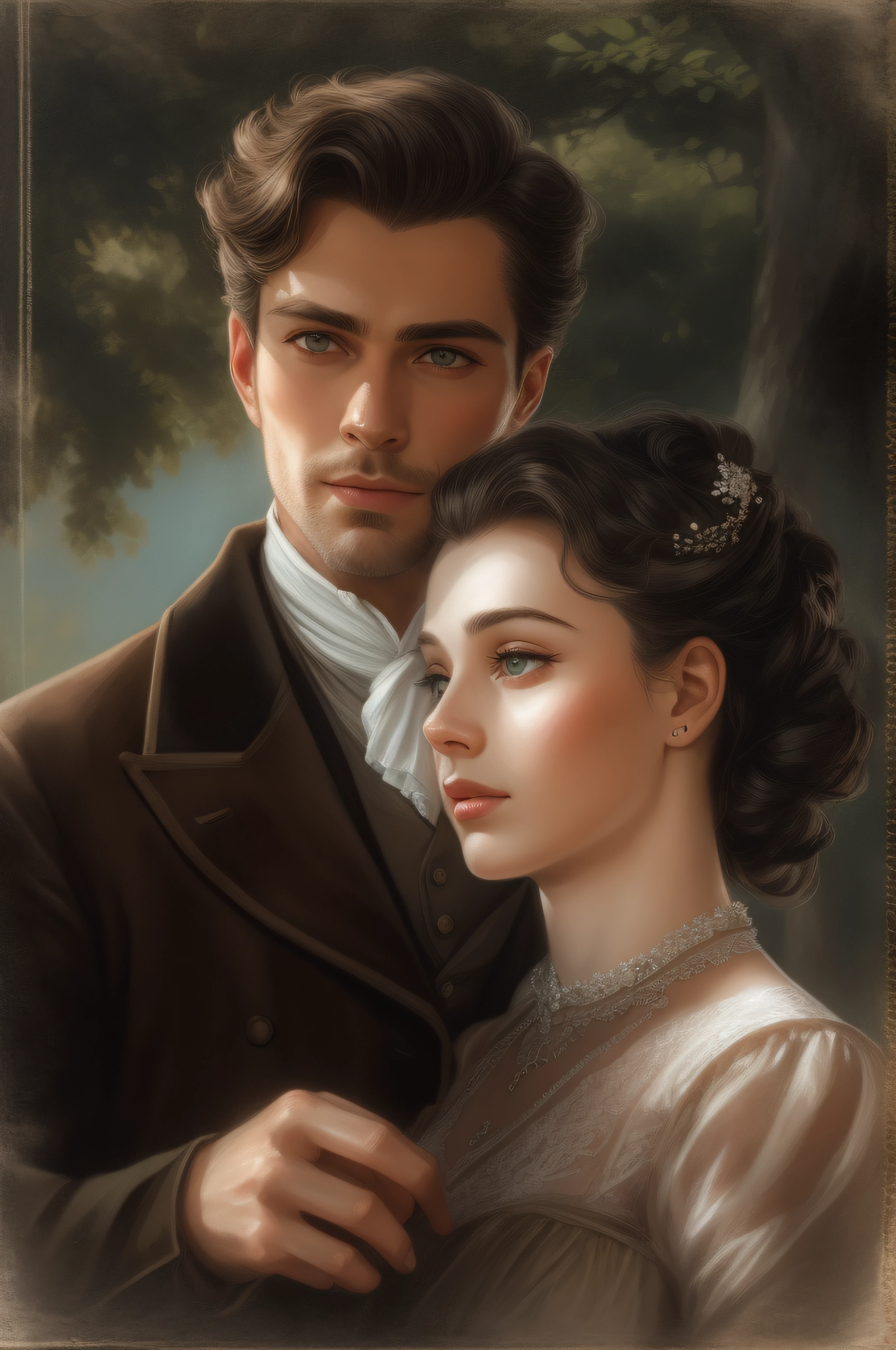 Masterpiece, best quality, RAW, analog style, A stunning portrait of a couple deeply in love in the gardens of a grand English countryside mansion in the year 1850. The man is tall, strong, and tanned handsome with brown wavy messy hair, brown eyes, and is around 30 years old. The woman is delicate with black straight hair styled in a bun, dark green eyes, and full lips, around 19 years old, scarlett ohara perfectly detailed facial traits. The couple is dancing a waltz in a magnificent ball. Create a masterpiece realistic illustration with intricate details capturing their love and emotions. Use clothes appropriate for the time period, and ensure the artwork is highly detailed.  Please pay close attention to the details, such as the highlights and shadows on face and hair, to create a lifelike and realistic image. Experiment with different lighting techniques to enhance the mood and atmosphere of the portrait. The final product should be a masterpiece that captures the essence and beauty of the couple, ((highly detailed skin, skin details)), sharp focus, volumetric fog, 8k UHD, DSLR, high quality, film grain, Fujifilm XT3