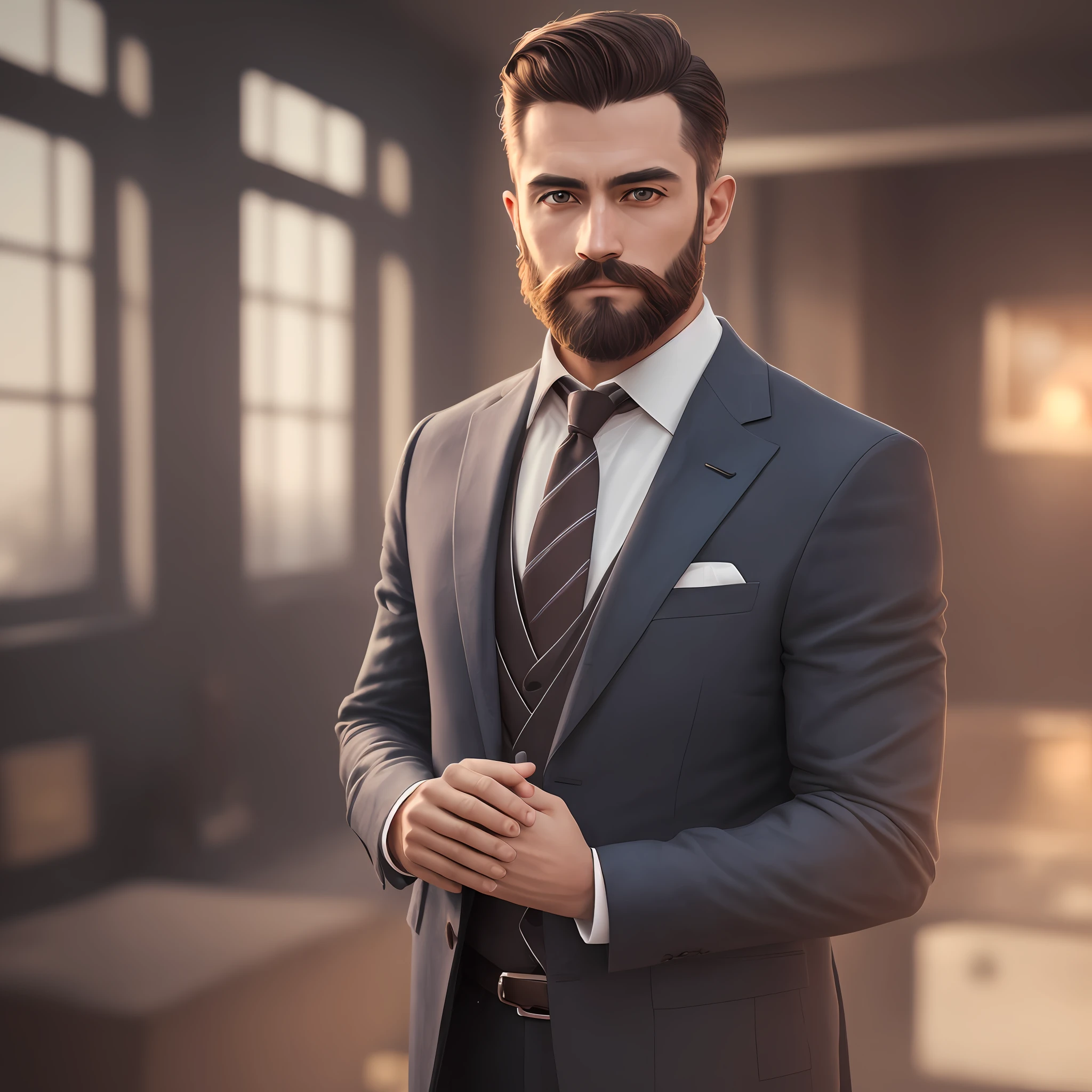 a Man standing with 30 years with beard in suit and tie, body and head straight in the photo, (((DSRL)))), facing the viewer of the photo, eyes fixed to the lens, studio photo, ((((appears hair, shoulders and head in the photo)))), man centered in the photo, 8k, best quality, masterpiece, realistic, realistic photo, movie photo, ultra realistic, 1 person, detailed, perfect lighting, DSRL, professional photo, 4k --auto --s2