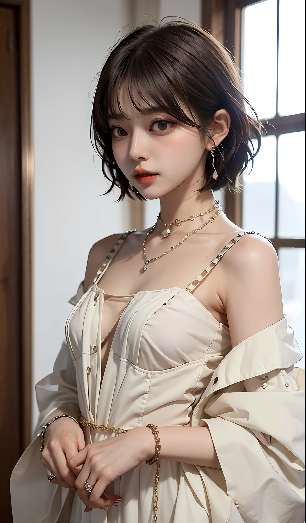 (natta)、((top-quality、masterpiece:1.3))、sharp:1.2、Perfect Body Beauty:1.4、((Layered hairstyle))、(Black Dress:1.1)、(Luxurious room:1.2)、(chains:1.3)、Highly detailed facial and skin texture、Detailed eye、二重まぶた、((short-length hair))、boyish、Cool、((unisex))、big eye、Necklaces、bangss、((One Woman))、Black eyes、A bracelet、耳Nipple Ring、a choker、Ring、Chain Accessories、Farbe々From an angle、Ear cuffs、