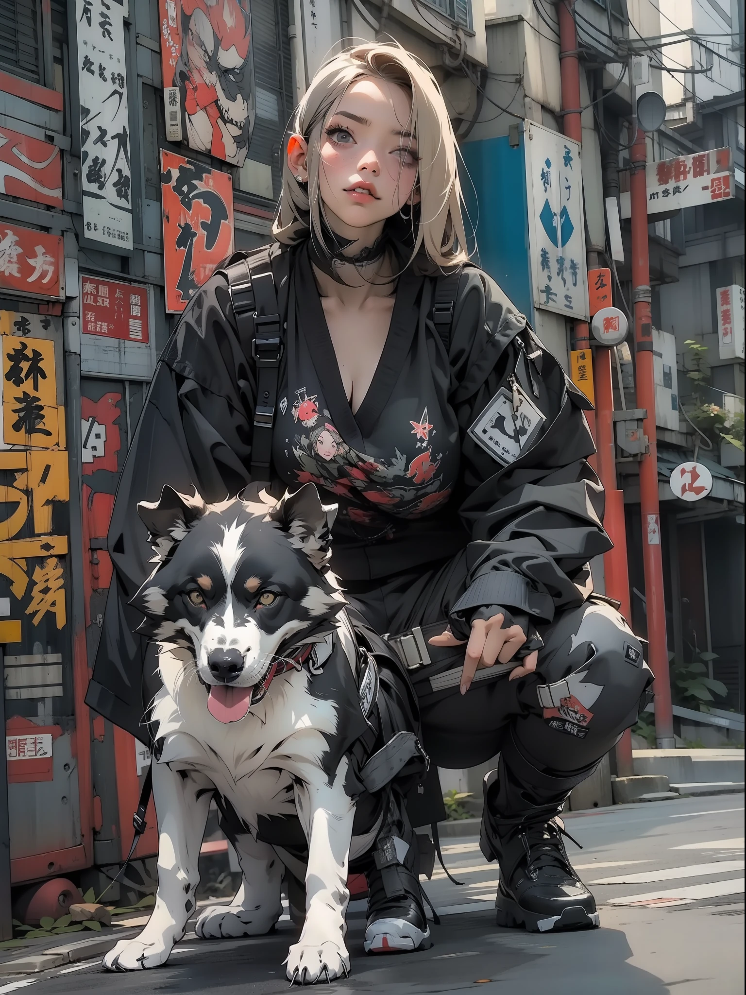 melhor qualidade, obra prima, Uma garota ultra moderna, wearing urban samurai clothes in squatting on a street in a futuristic Tokyo. Ela usa um katakana nas costas, Your faithful dog is by your side;. Pose sexy, corpo perfeito, perfectly proportions