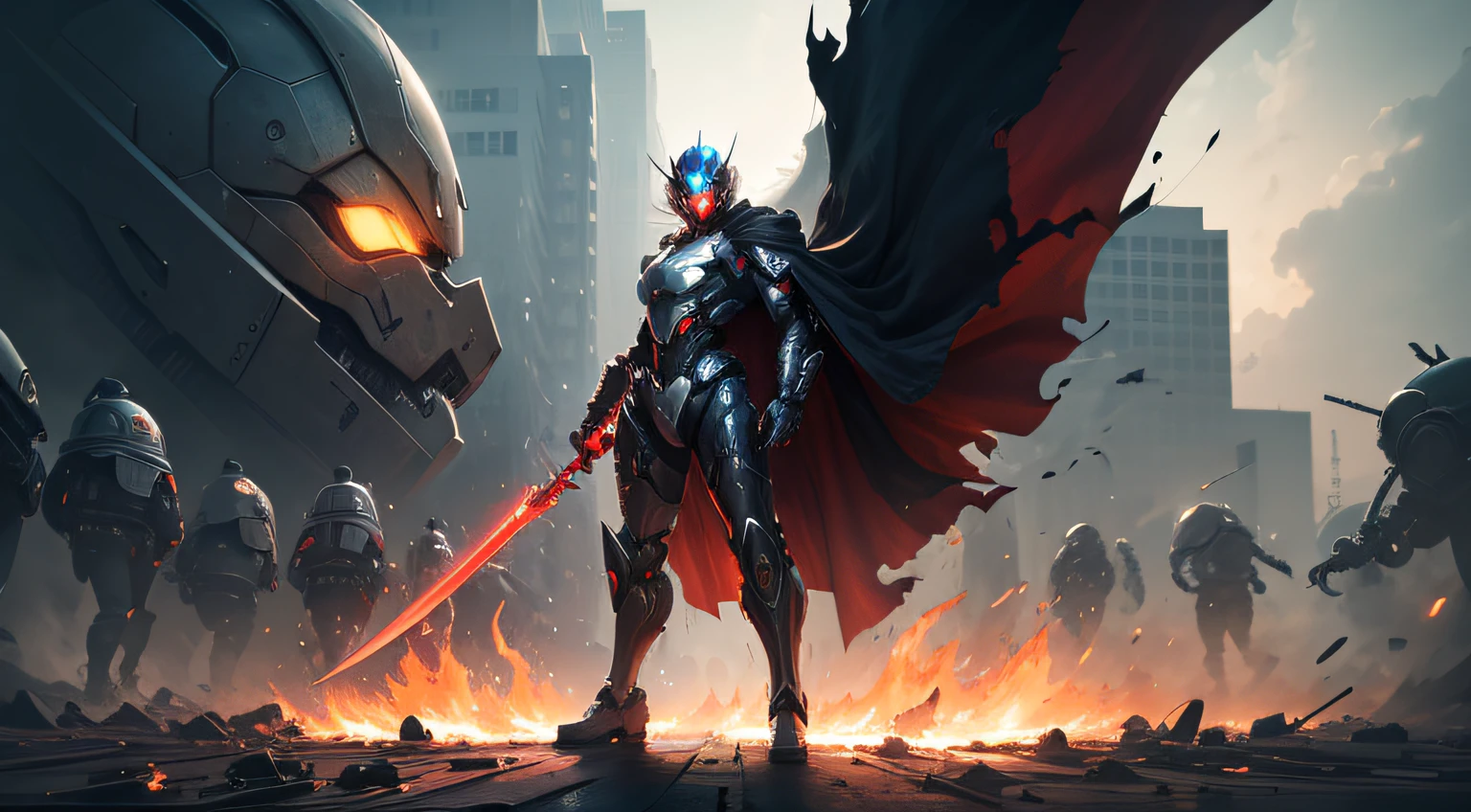 A mech, silver-white long ponytail and waist, V-shaped mechanical helmet, helmet eyes with red light, wearing a black sexy mech suit, white torn cape swaying in the wind, pull out a delicate red glowing sword: 1:1, standing in the flames with huge roaring mechanical heads and robotic arms in the background, lifelike, best picture quality, highest definition and clarity, original, surrealism, high detail, futurism, action painting, chiaroscuro, ray tracing, motion blur, cowboy lens, Battle pose drawing, layering, full body display, cyberpunk style, full body photo --auto