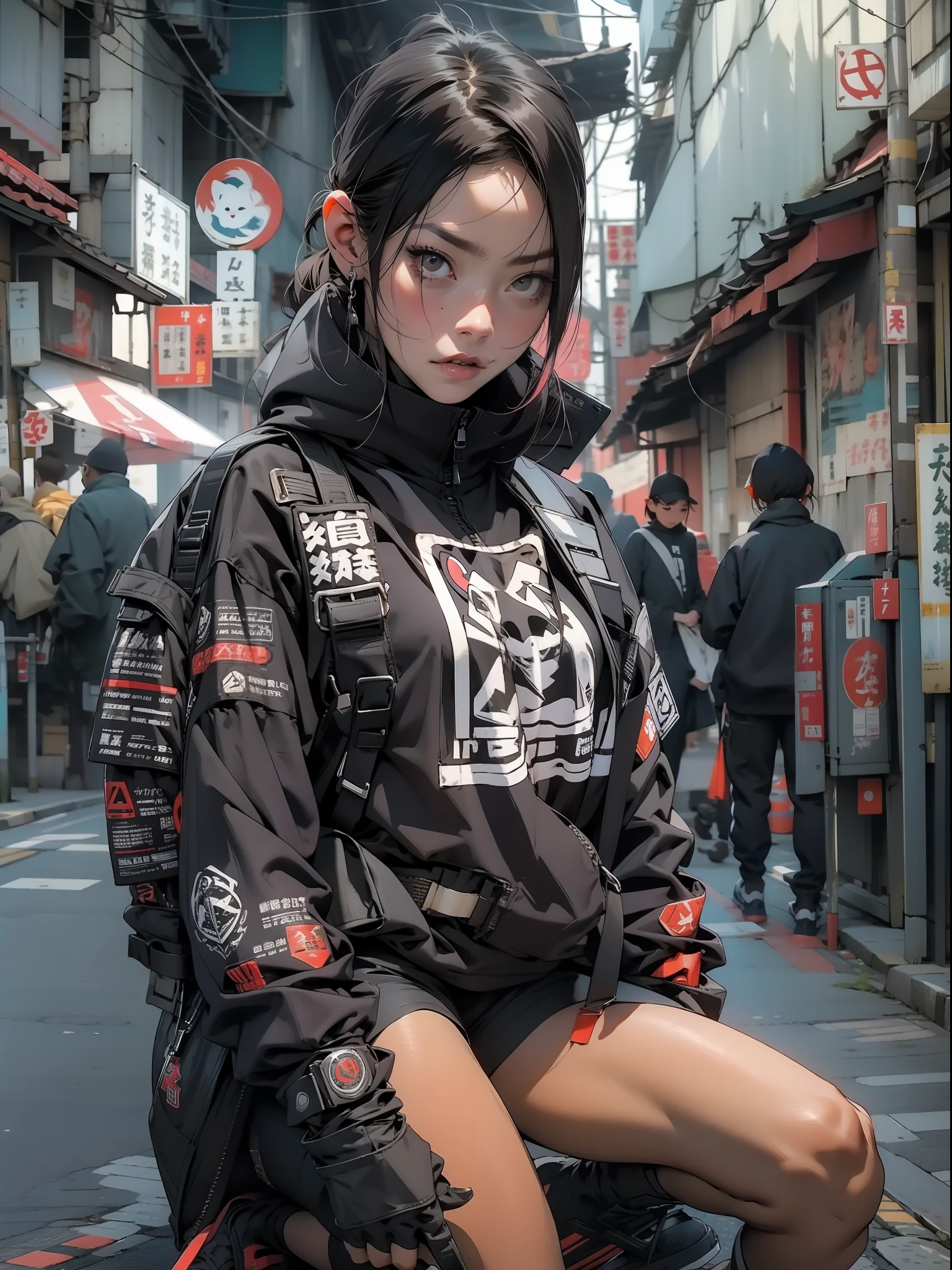 melhor qualidade, obra prima, Uma garota ultra moderna, wearing urban samurai clothes in squatting on a street in a futuristic Tokyo. Ela usa um katakana nas costas, Your faithful dog is by your side;. Pose sexy, corpo perfeito, perfectly proportions