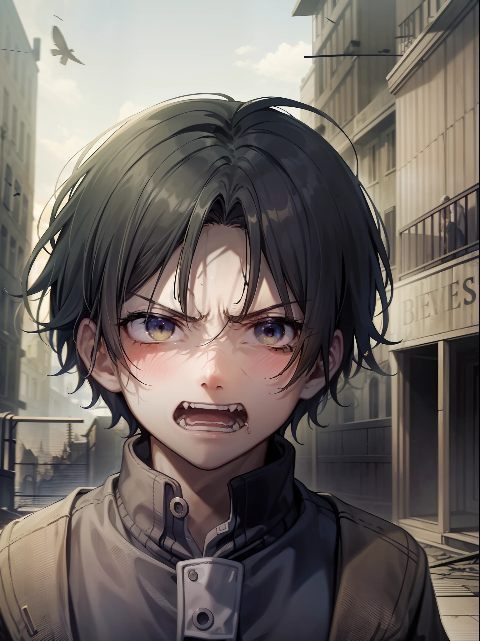 1boy ，He is dressed appropriately。ses cheveux sont blancs。His mocking expression was palpable。He had an angry expression on his face，The expression is full of malice and disgust。（He pointed angrily ahead），Angrily pointed ahead，Very angry，Connect him to the surrounding city and abandoned environment。The scenery is dark，Crumbling buildings and shadows evoke a mysterious and dark atmosphere。