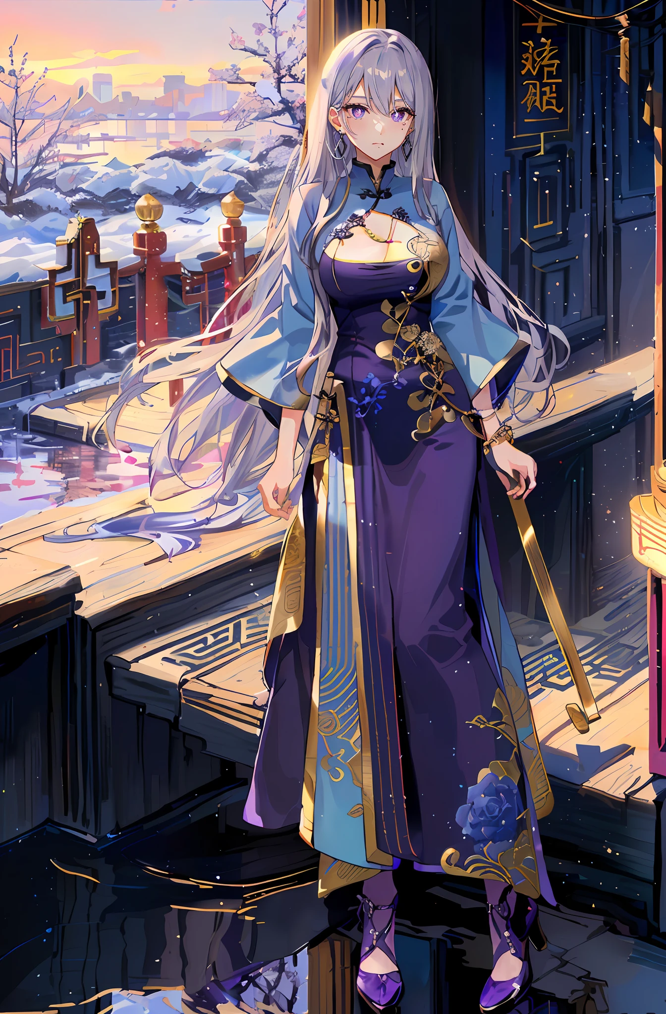 tear-mole,Purple pupils,long eyelasher,(mature:1.3),Silver crossed earrings,anime big breast,