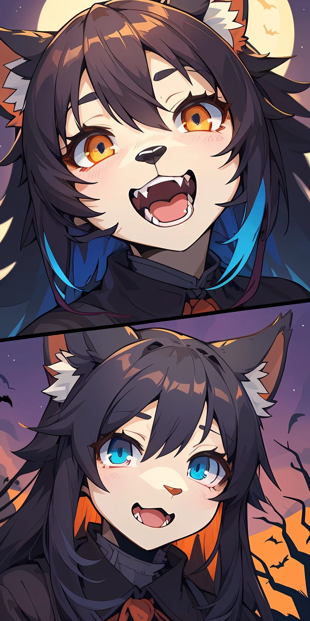 (epic, dynamic angle)top quality, best quality, High-quality illustrations, masterpiece, While creating a Halloween atmosphere, vampire with furry elements, (kemono, super cute girl, solo focus)(furry anthro)(highly detailed beautiful face and eyes)absurdres, perfect anatomy, Scene of a red full moon with a strong horror color,